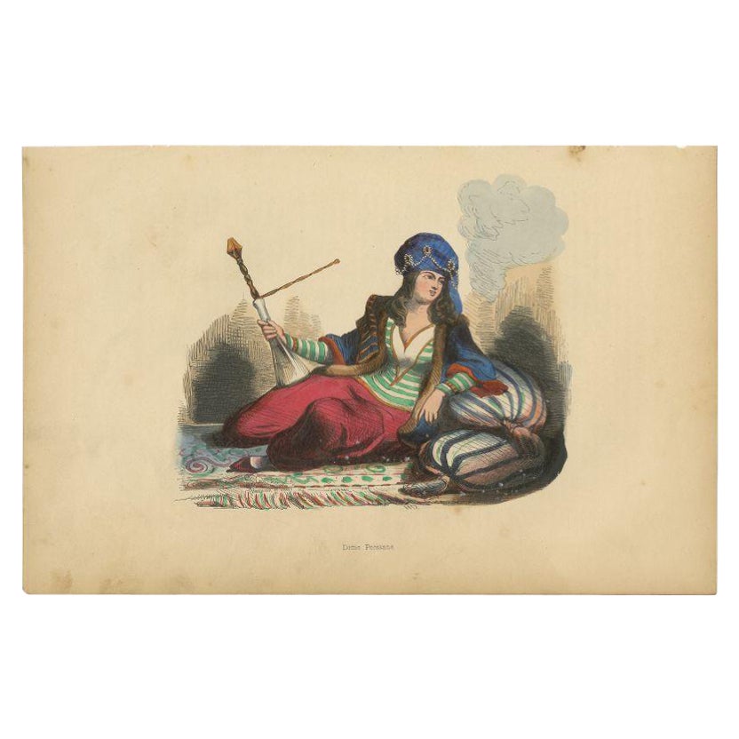 Grabado antiguo coloreado a mano de una dama persa, 1843