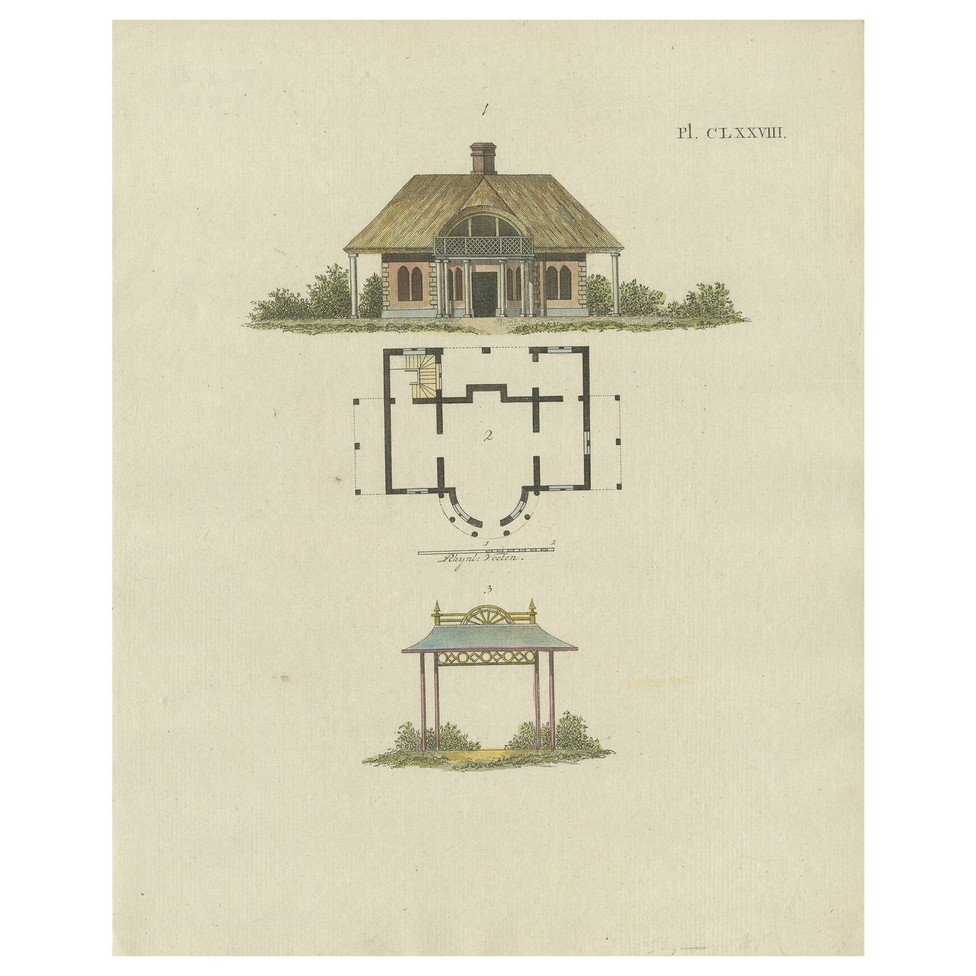Ancienne impression ancienne de l'architecture de jardin colorée à la main par Van Laar, 1802