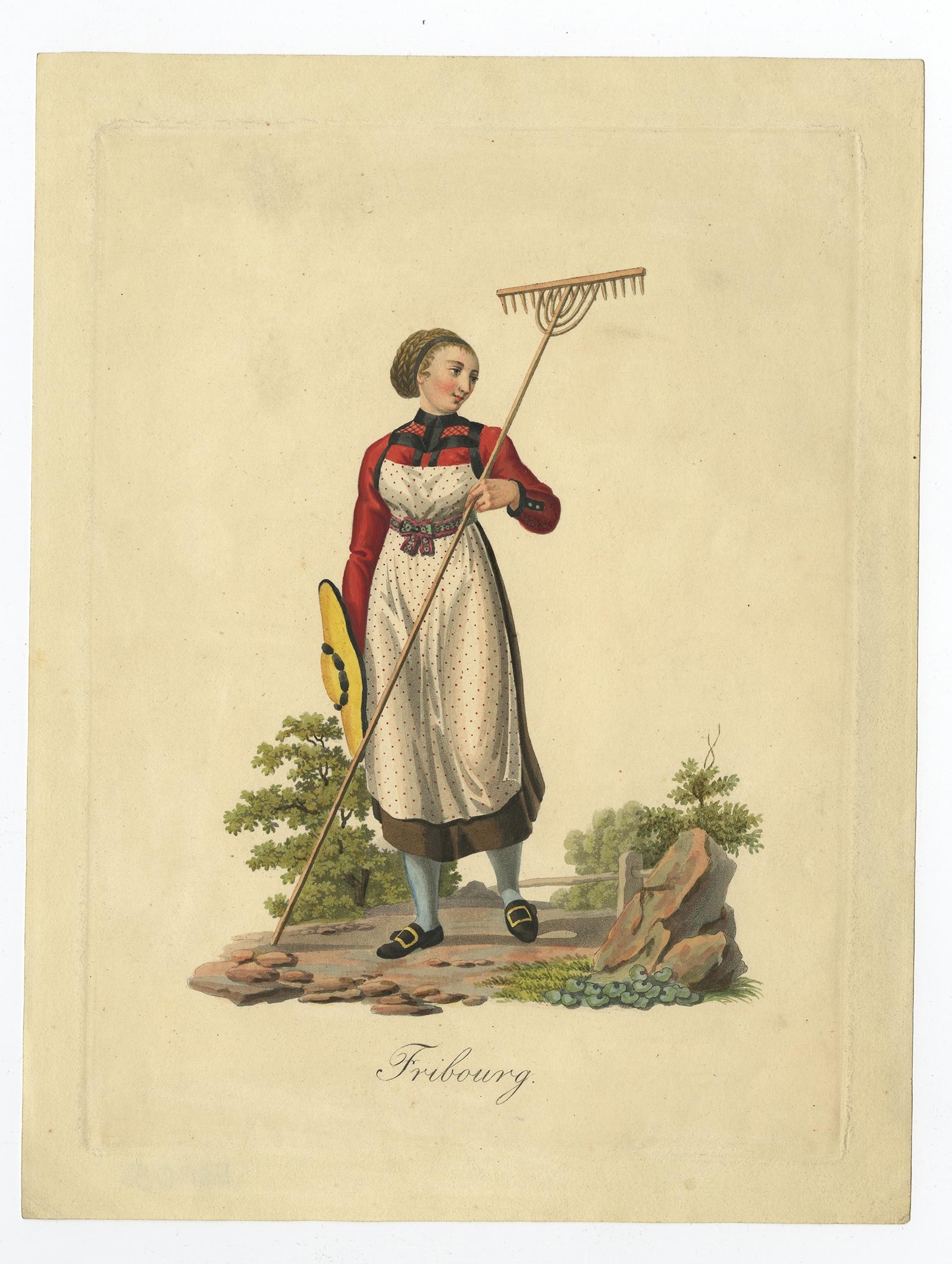 Antique costume print titled 'Fribourg'. 

This print depicts a farmer's wife from Fribourg, Switzerland. Source unknown, to be determined.

Artists and Engravers: Anonymous.