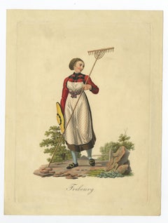 Old Hand-Colored Engraving of a Farmer's Wife from Fribourg, Switzerland, c.1860