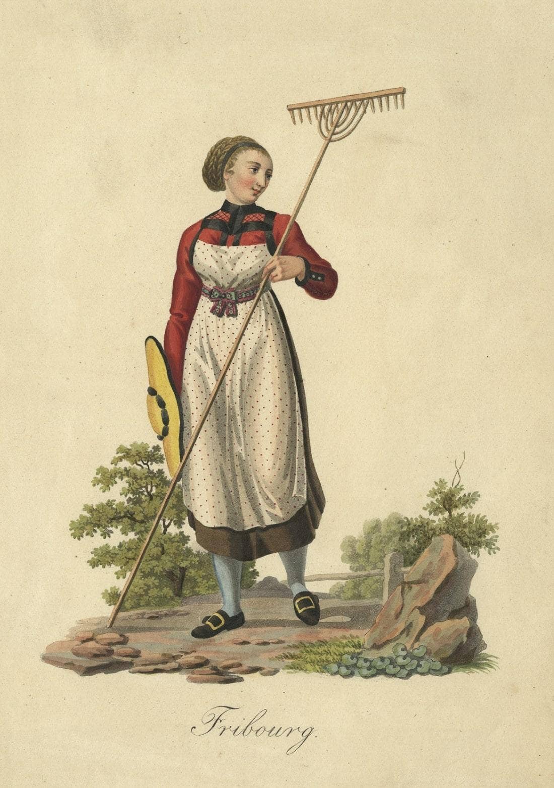 Old Hand-Colored Engraving of a Farmer's Wife from Fribourg, Switzerland, c.1860