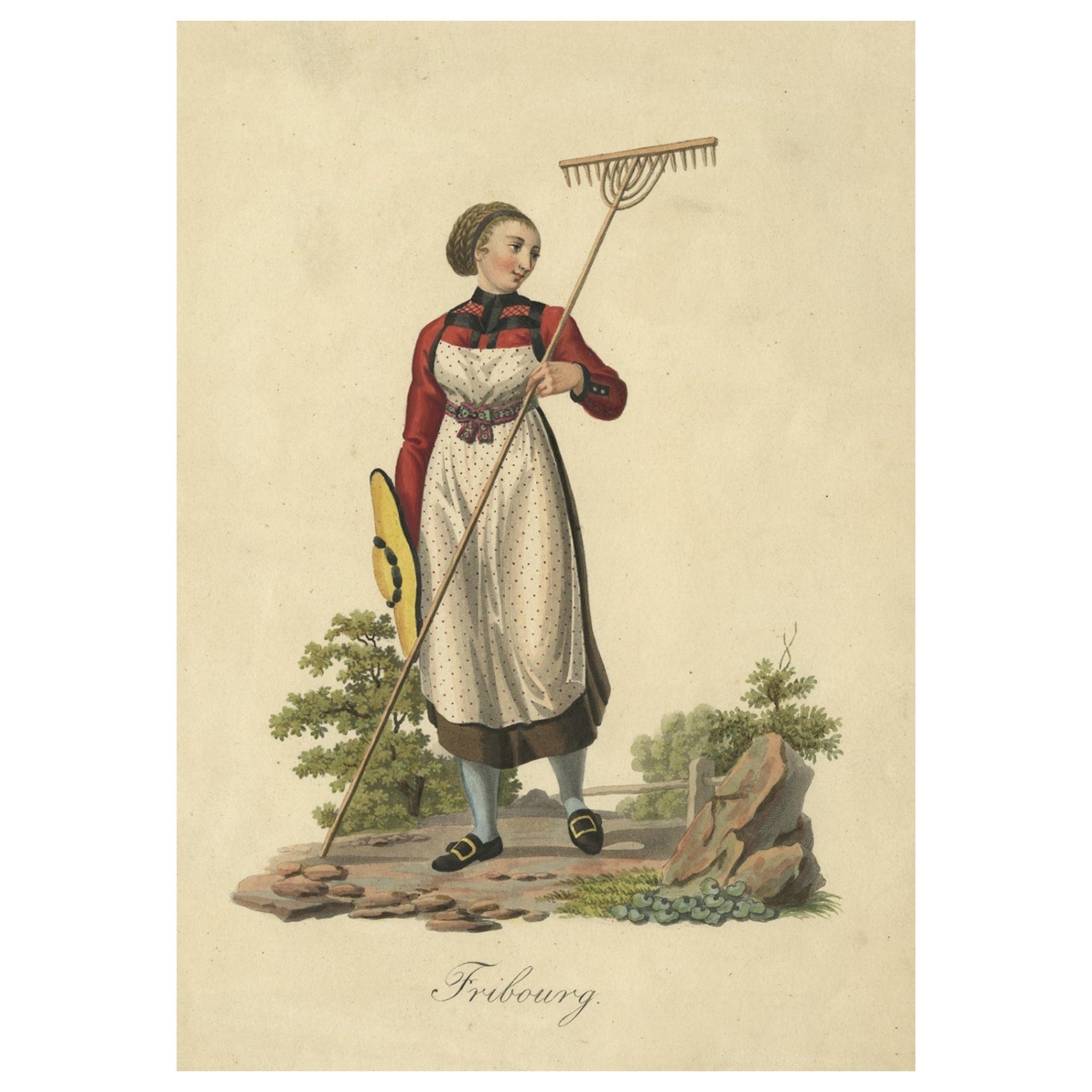Handkoloriertes Stich einer Bauernfrau aus Fribourg, Schweiz, um 1860 im Angebot
