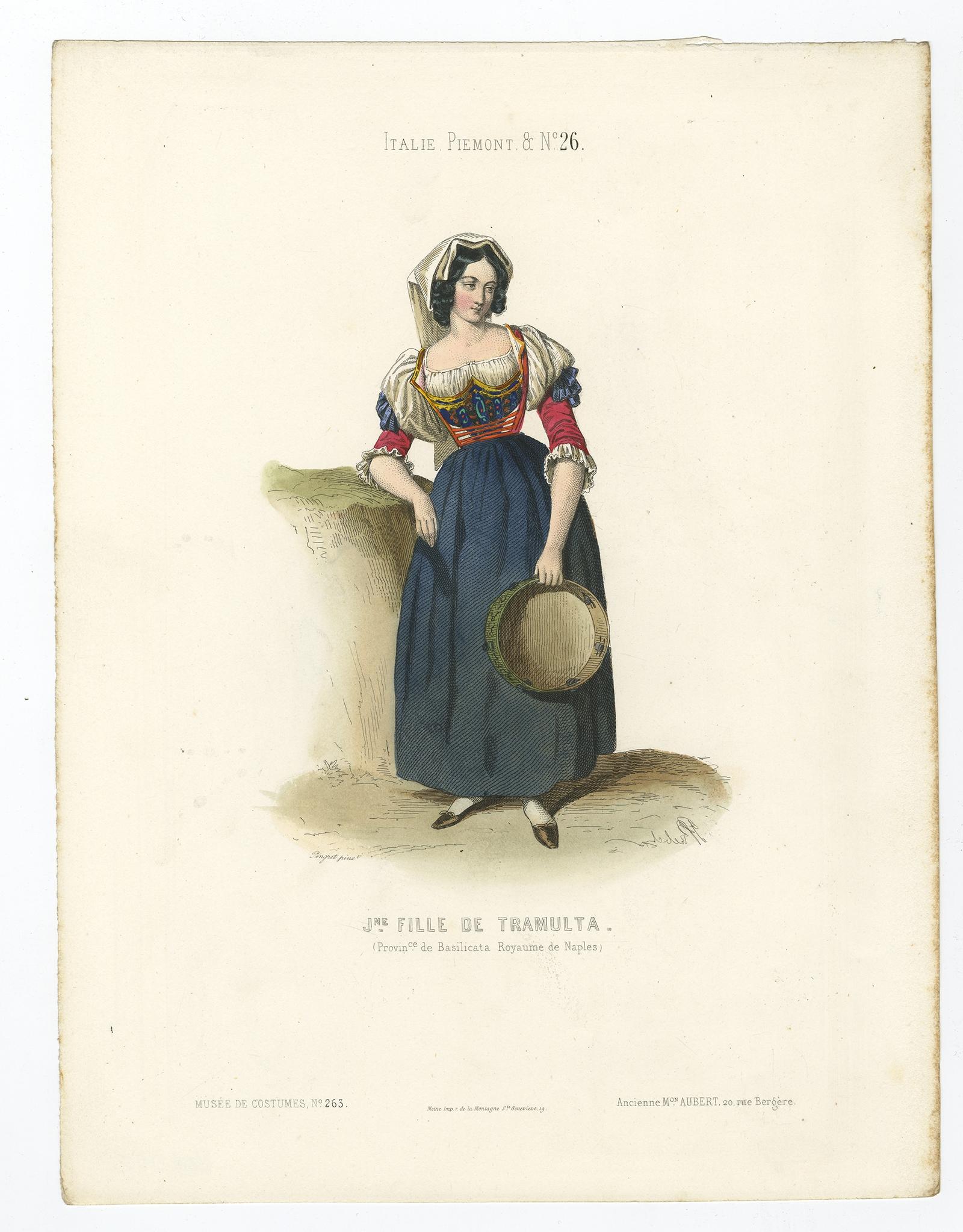 Antique costume print titled 'Jeune Fille de Tramulta (Province de Basilicata Royaume de Naples)'. 

Old print depicting a young lady from Tramulta, Italy. This print originates from 'Costumes Moderne (Musée de Costumes). 

Artists and