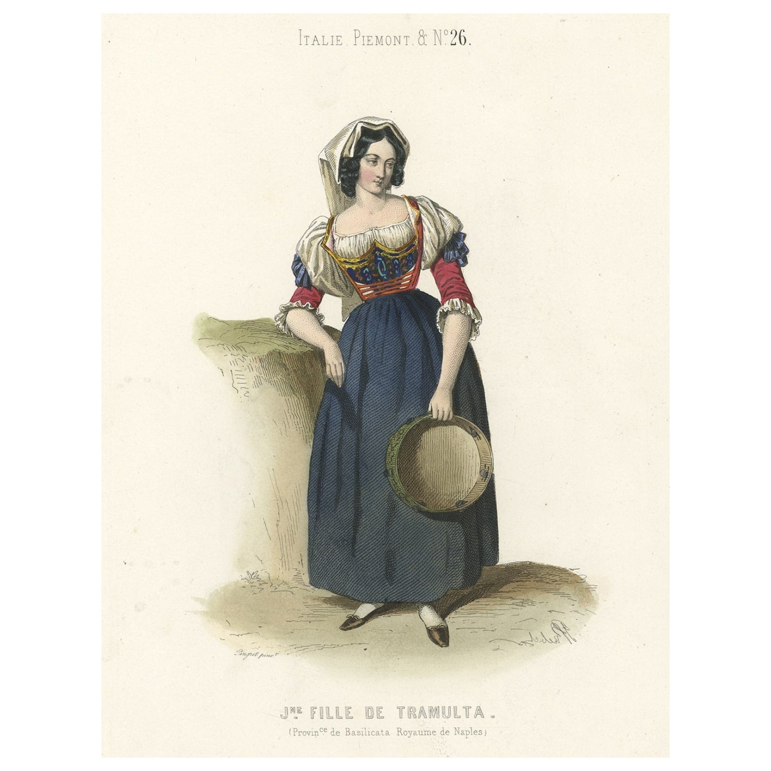 Old Hand-Colored Print mit der Darstellung einer jungen Dame aus Tramulta, Italien, 1850