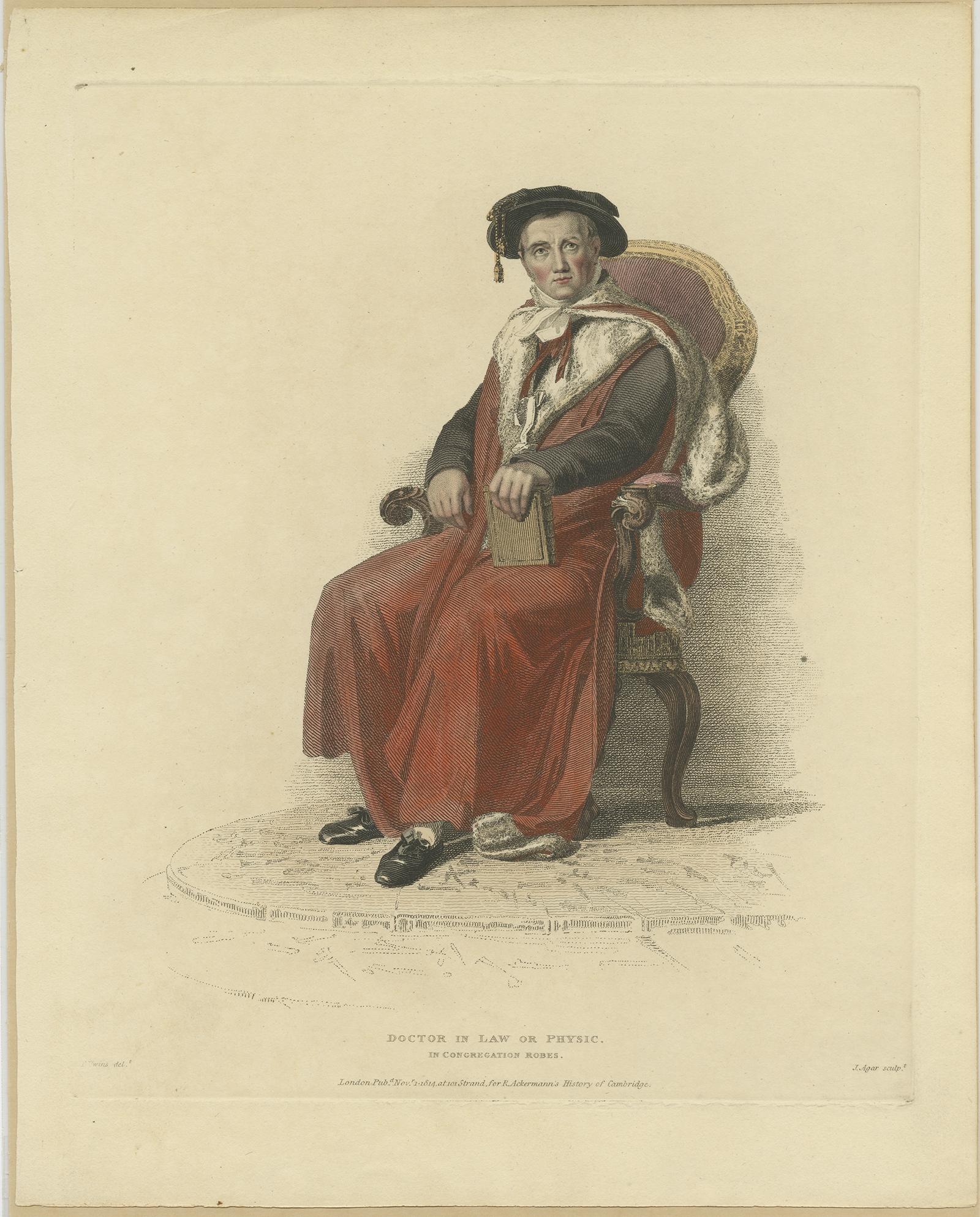 Antique print titled 'Doctor in Law or Physic, in congregation robes'. Portrait of Dr E.D. Clark made after a drawing by Thomas Uwins. This print originates from 'Ackermann's History of Oxford and History of Cambridge'. 

Artists and Engravers: