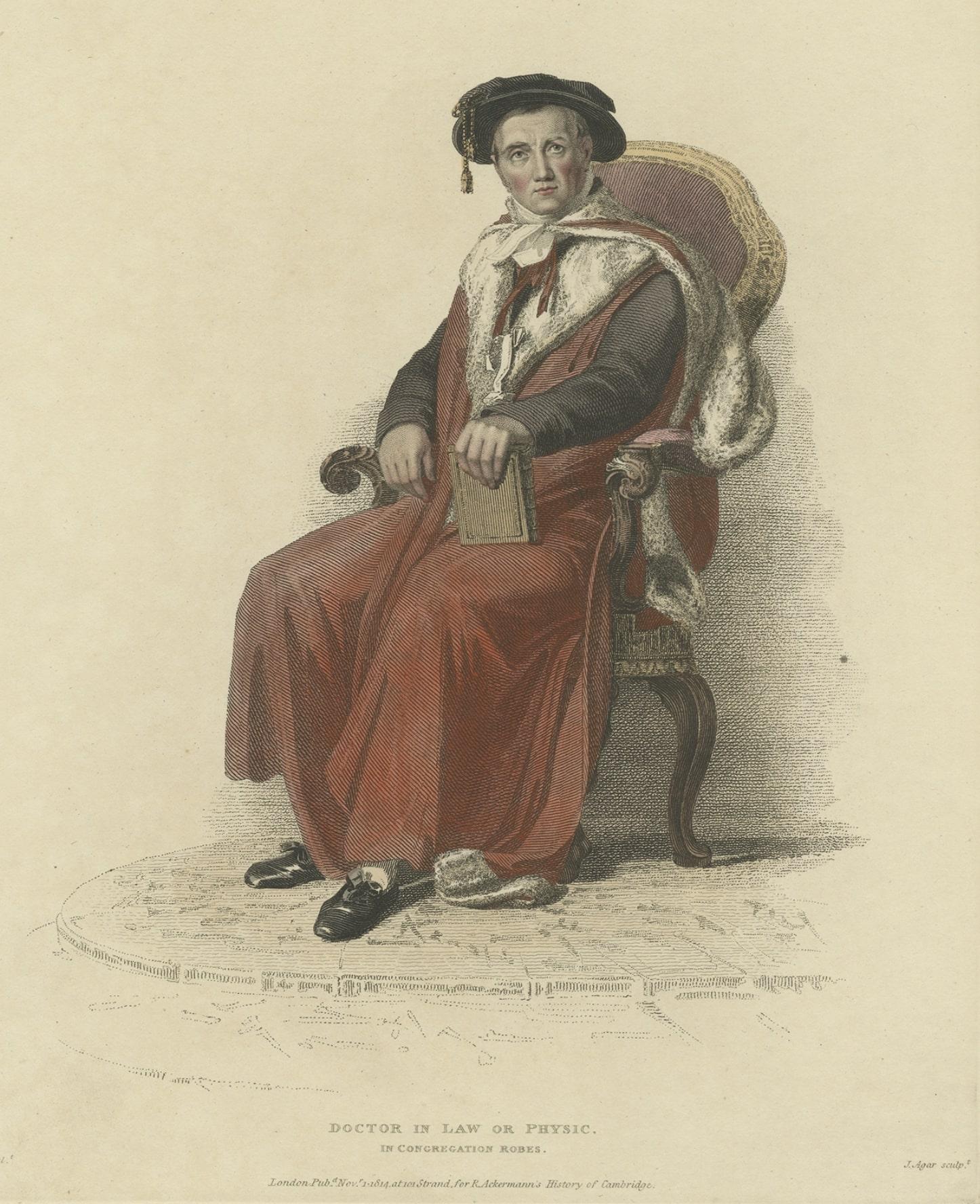 Grabado antiguo coloreado a mano de un doctor en derecho o en física, con toga de la congregación, 1814 en Bueno estado para la venta en Langweer, NL