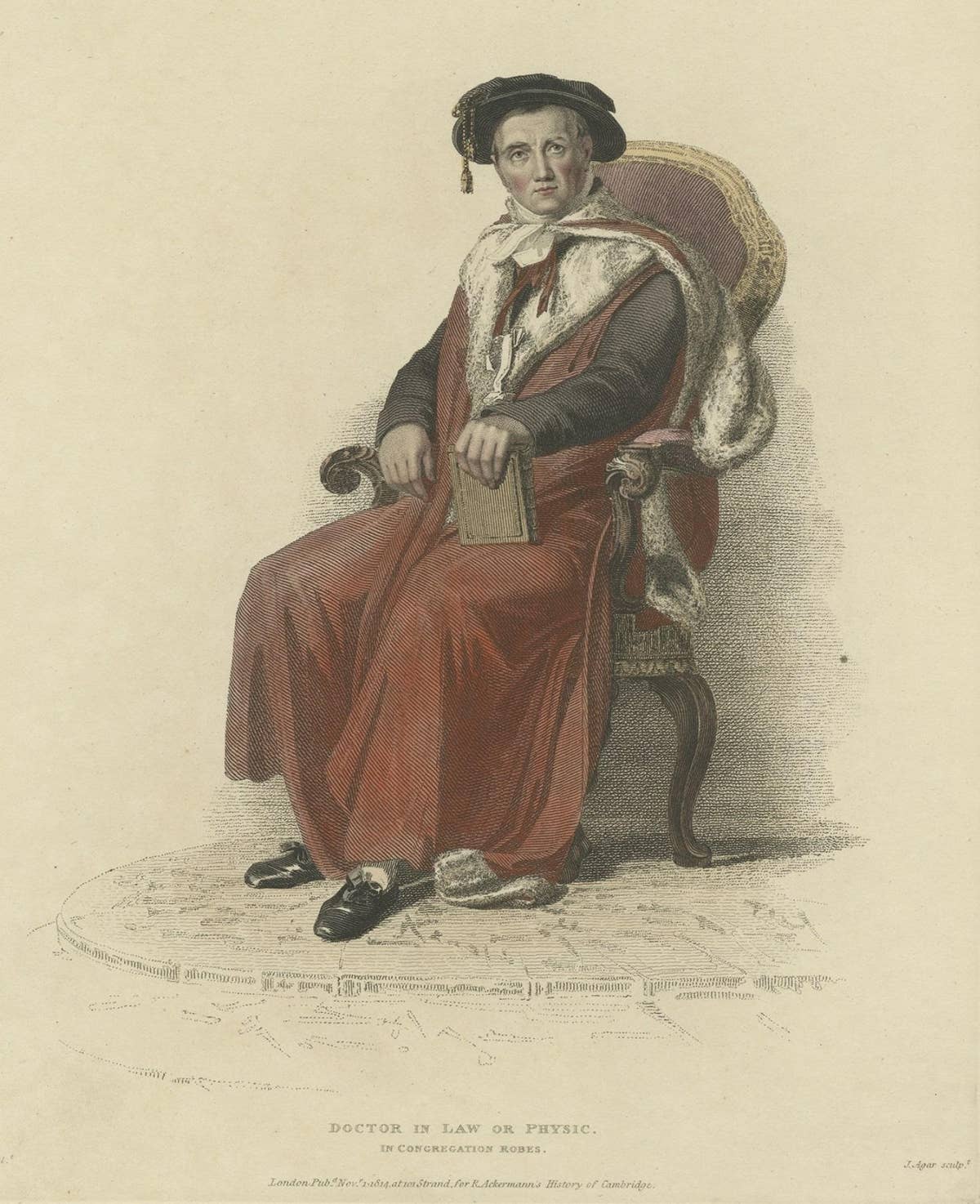 Old Hand-Colored Print of a Doctor in Law or Physic, in Congregation Robes, 1814
