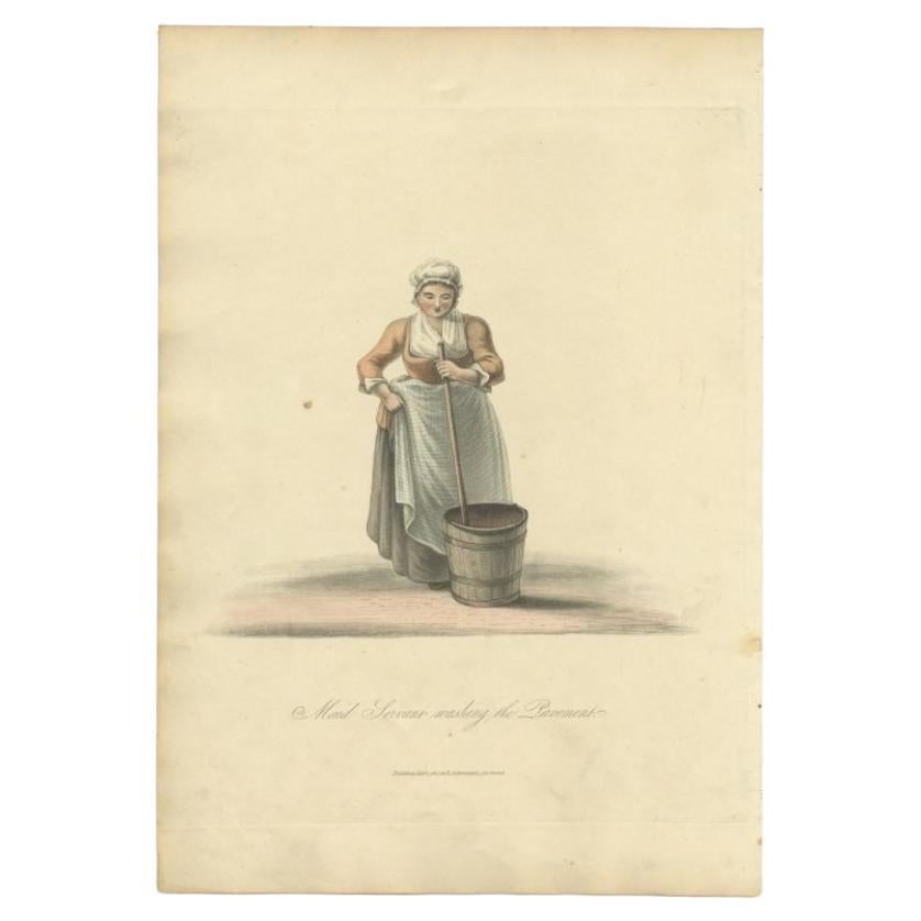 Antique costume print titled 'Maid Servant washing the Pavement'. Old costume print depicting a maid servant from the Netherlands. This print originates from 'The Costume of the Netherlands displayed in thirty coloured engravings'. 

Artists and