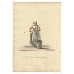 Old Hand-Colored Print of a Maid Servant in Holland, Washing the Pavement, 1817