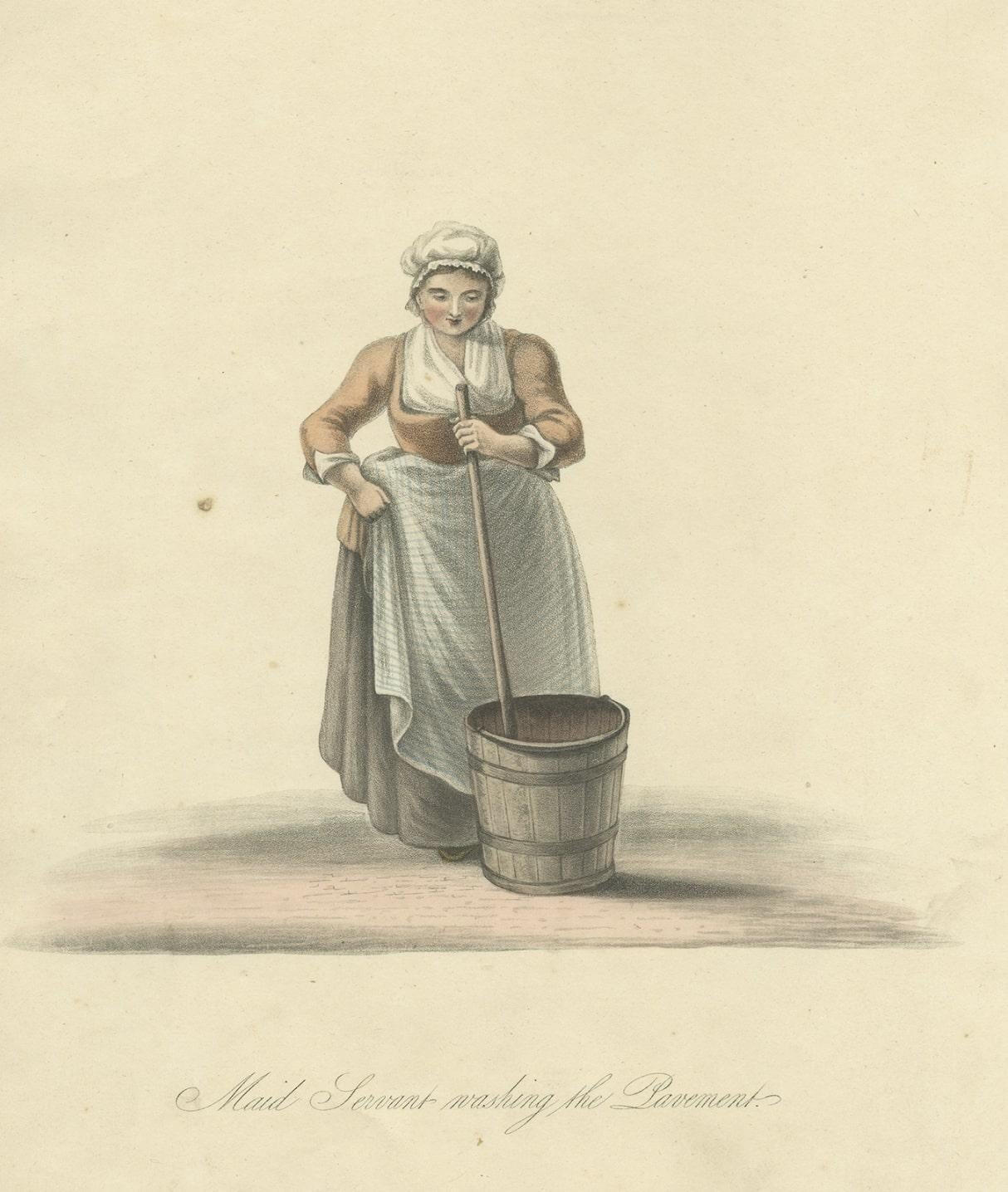 Old Hand-Colored Print of a Maid Servant in Holland, Washing the Pavement, 1817 In Good Condition For Sale In Langweer, NL