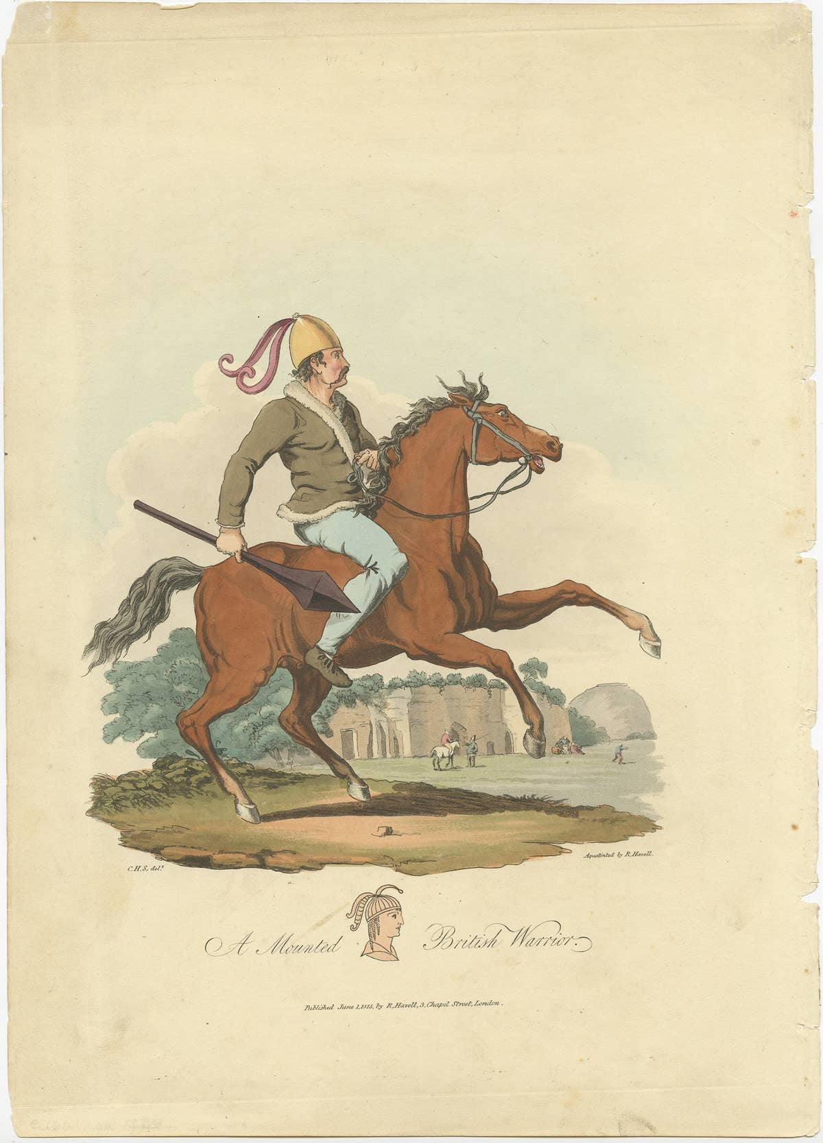 Old Hand-Colored Print of a Mounted British Warrior, 1815