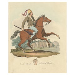 Antique Old Hand-Colored Print of a Mounted British Warrior, 1815