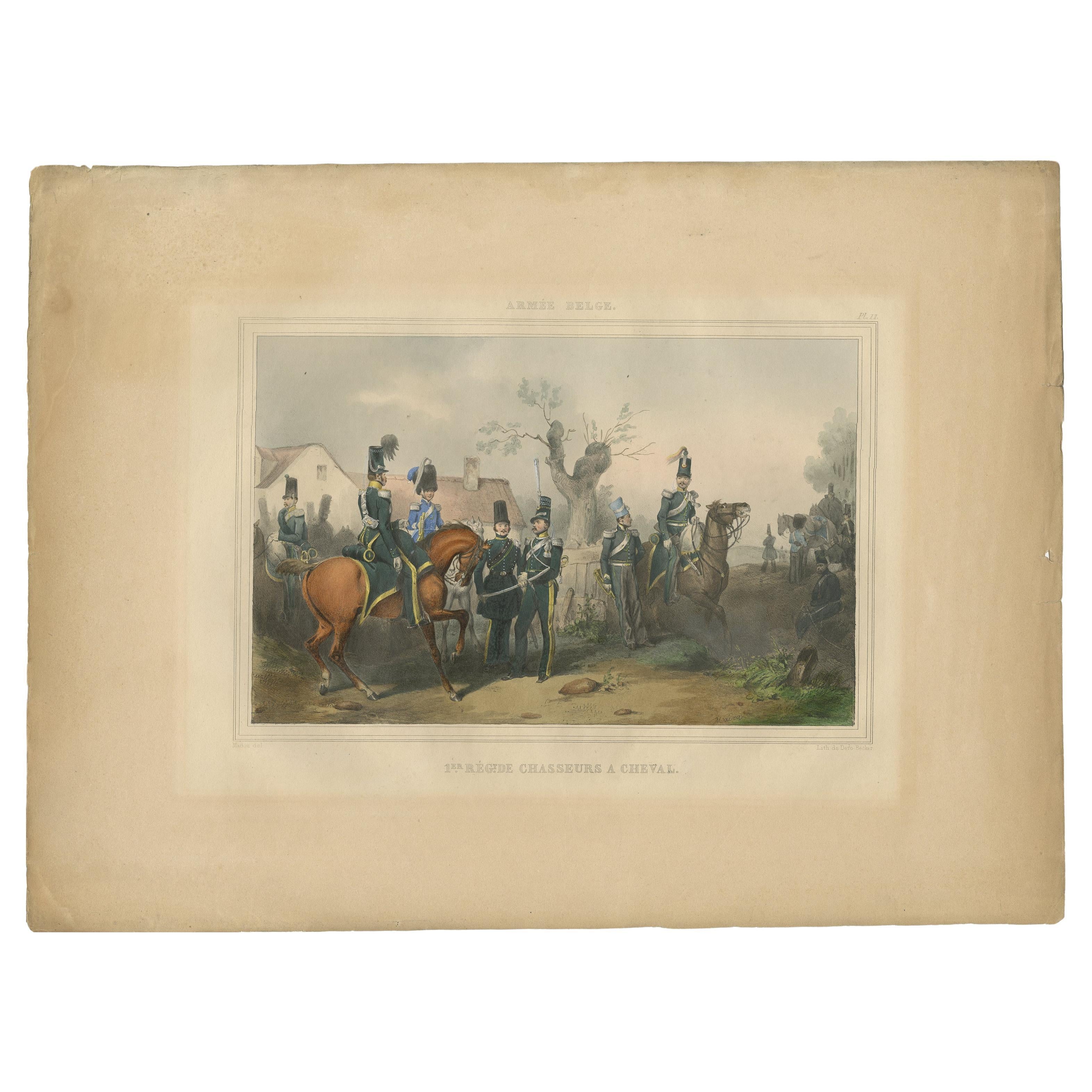 Une belle estampe coloriée à la main d'une série originale de 23 planches, montrant des officiers et des soldats en train de discuter. Publiée en 1833. Rare.

D'une série de belles planches lithographiées aux costumes militaires belges d'après