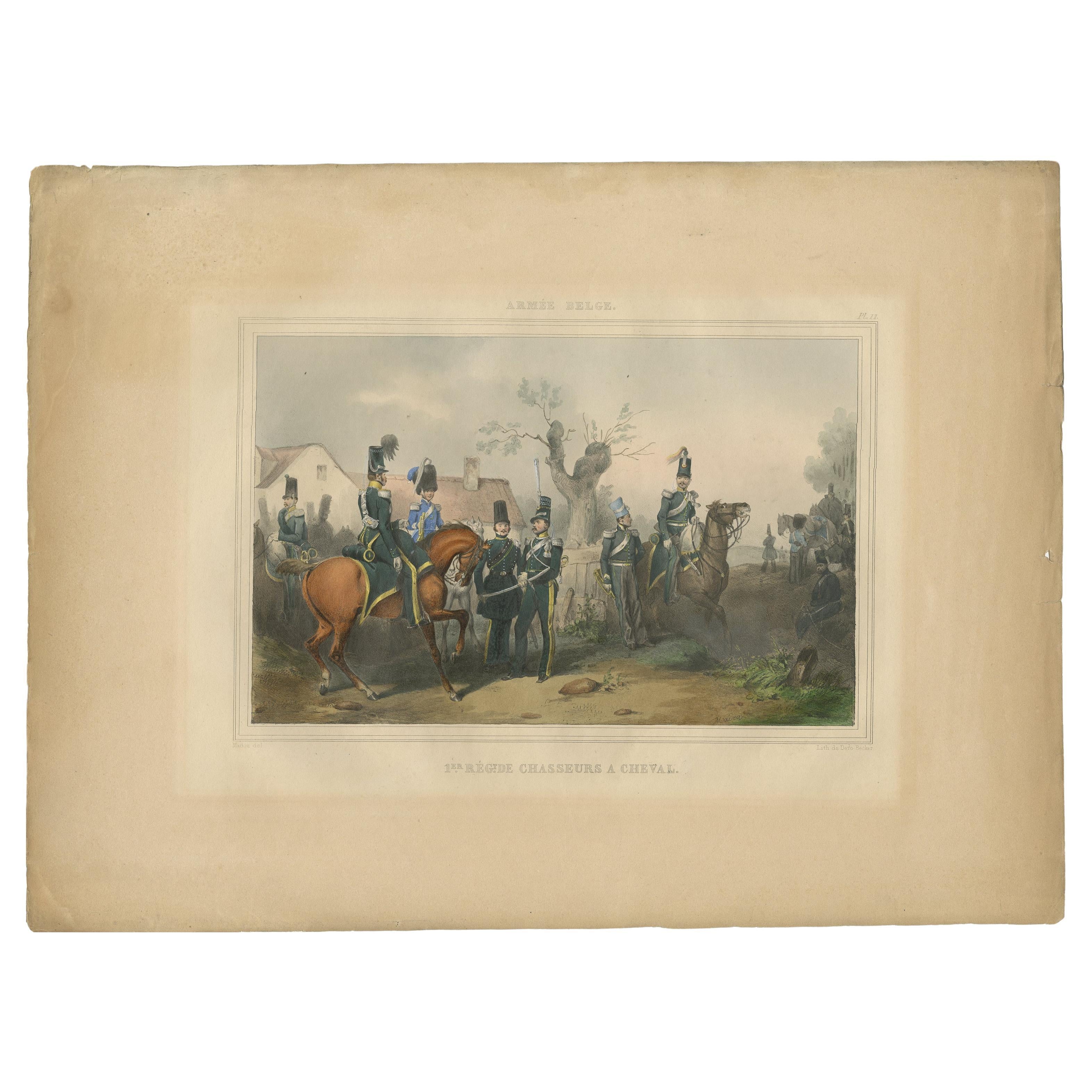 One nicely hand coloured print of an original serie of 23 plates, showing officers and soldiers discussing matters. published in 1833. Rare.

From a serie of beautiful lithographed plates with Belgian military costumes after Madou and printed by