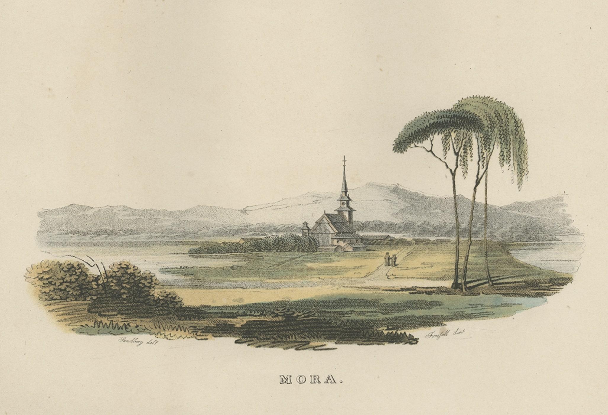 Paper Old Hand-Colored Print of the City of Mora, Dalarna, Sweden. Published in 1864 For Sale