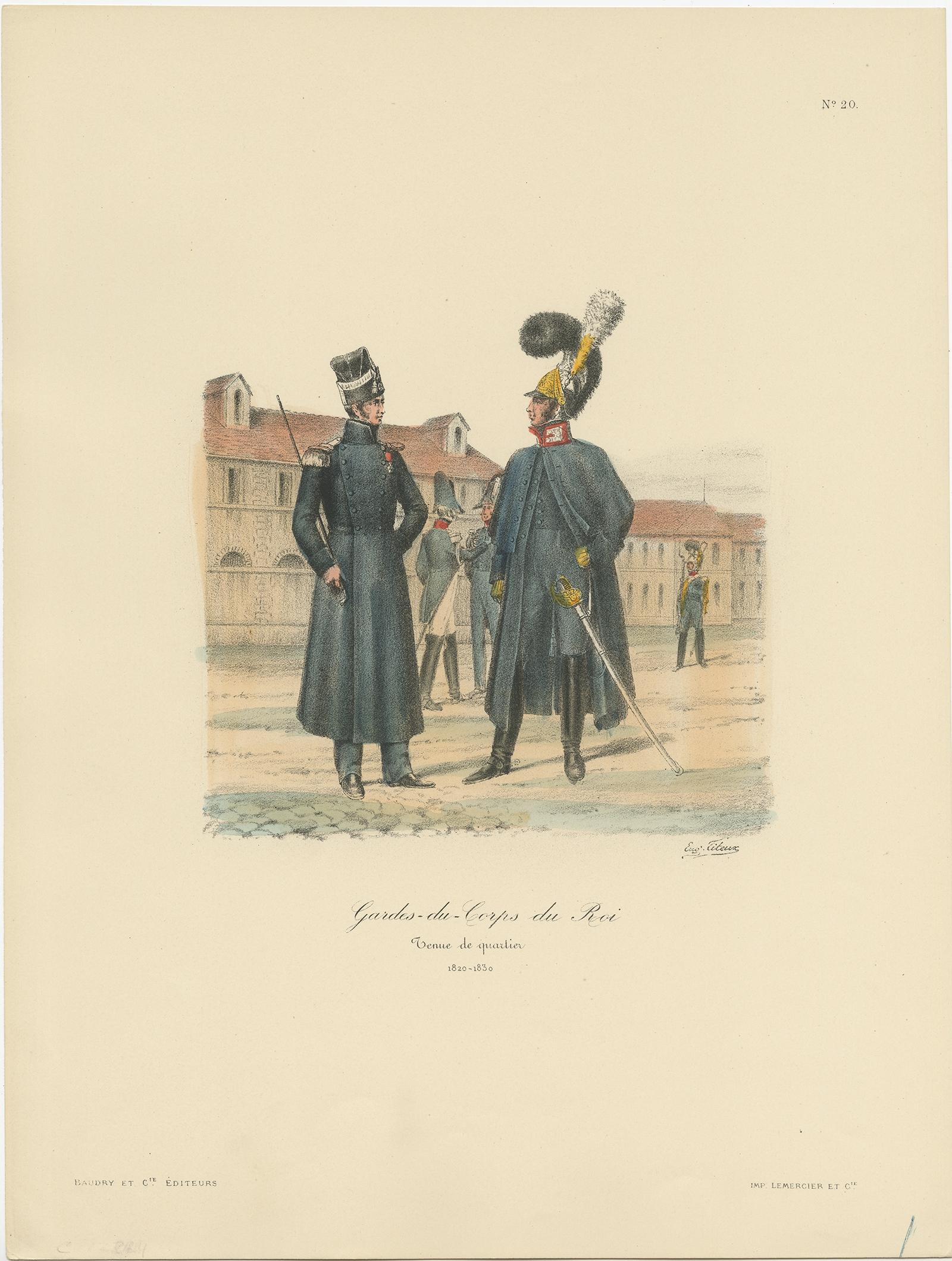 Antique print titled 'Gardes-du-Crops du Roi'. 

Old print of the Guards of the King of France. This print originates from 'Histoire de la maison militaire du roi de 1814 à 1830 : avec un résumé de son organisation et de ses campagnes sous