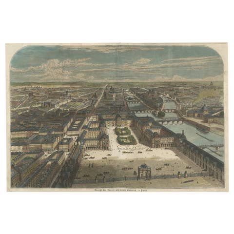 Old Hand-Colored Print With a View of the Louvre, France, ca.1885