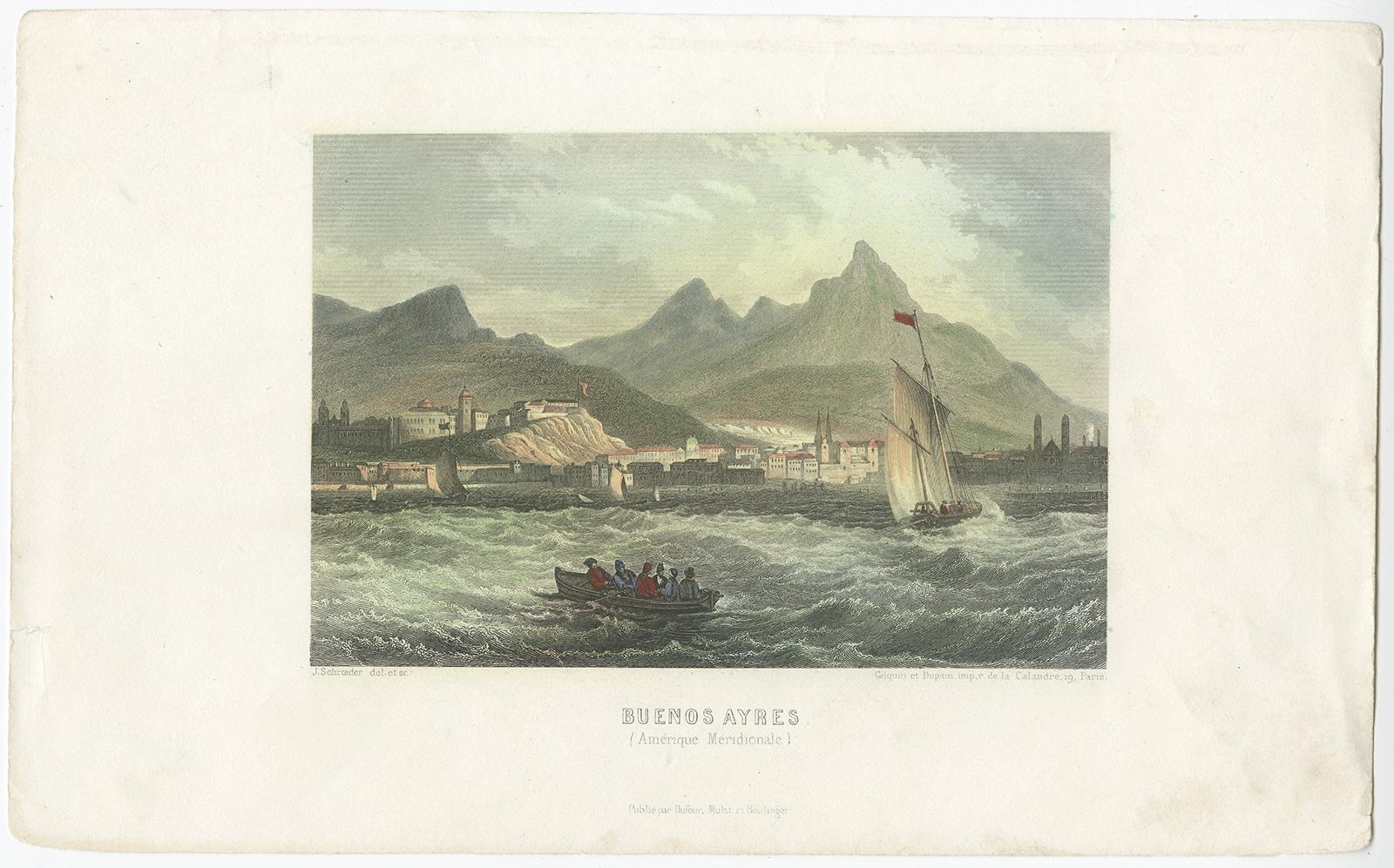 Antique print titled 'Buenos Ayres (Amérique Meridionale)'. 

Steel engraving with a view looking from the Rio de la Plata towards Buenos Aires, Argentina. 

Artists and Engravers: Engraved by Gilquin and Dupain after Schroeder. Published by