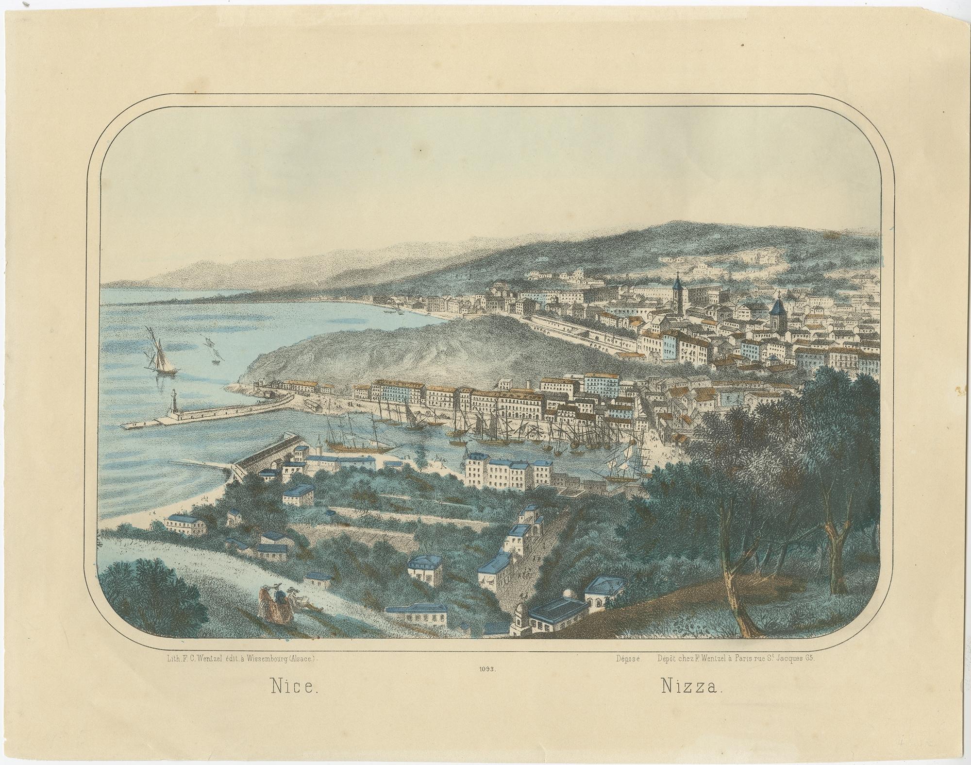 Description: Antique print titled 'Nice - Nizza'. 

View of the city of Nice, France. Source unknown, to be determined.

Artists and Engravers: Published by F. Wentzel. Jean Frédéric Wentzel (1807-1869), was an engraver, lithographer and printer