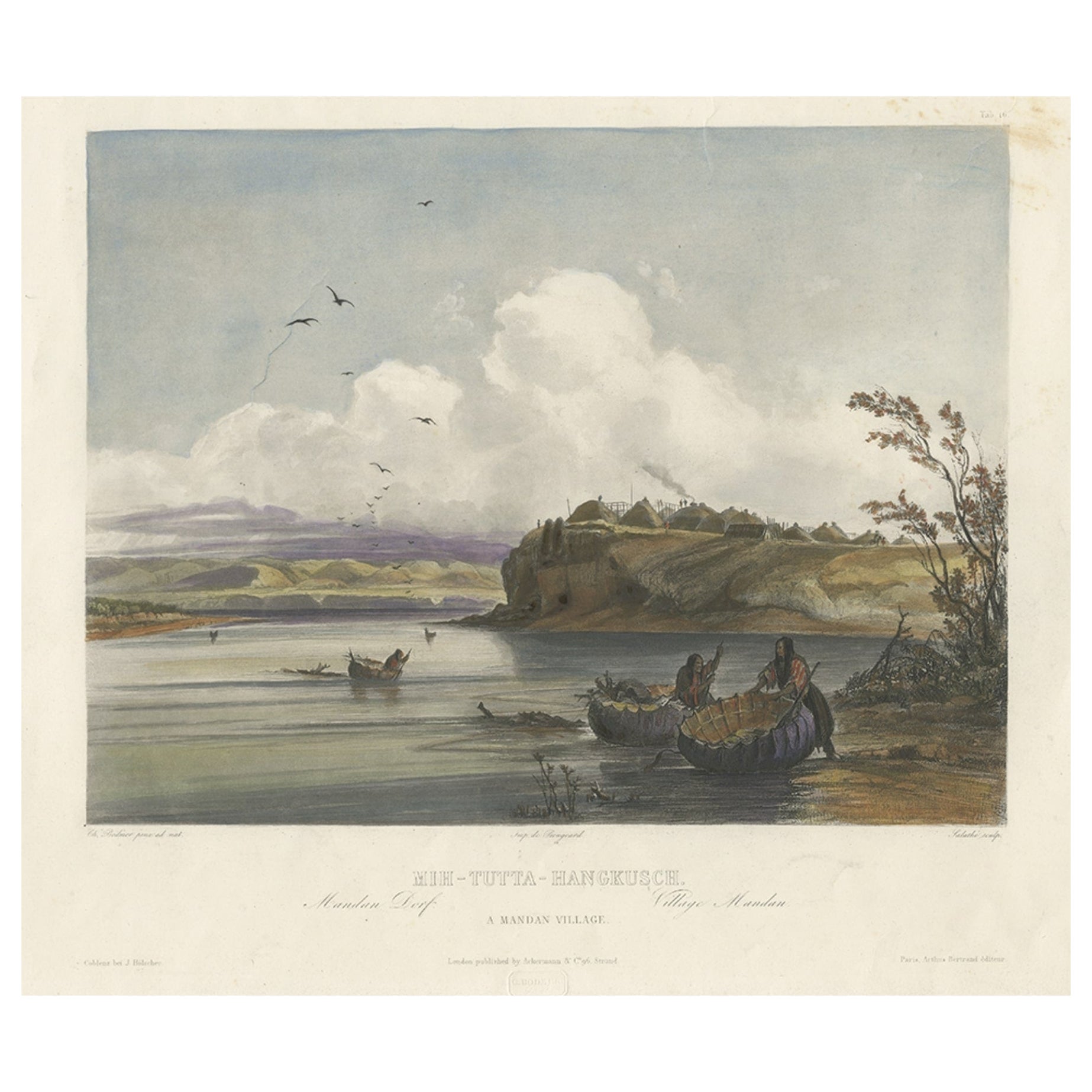 Alte handkolorierte Aquatinta eines Mandan- Villages in der Nähe von Fort Clark, Texas, um 1840