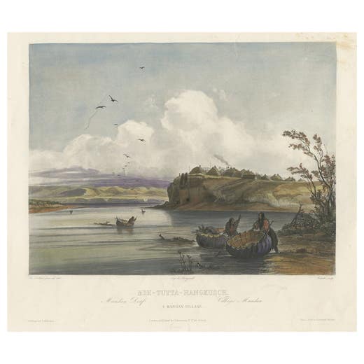 Old Hand-Coloured Aquatint of a Mandan Village Near Fort Clark, Texas, ca.1840