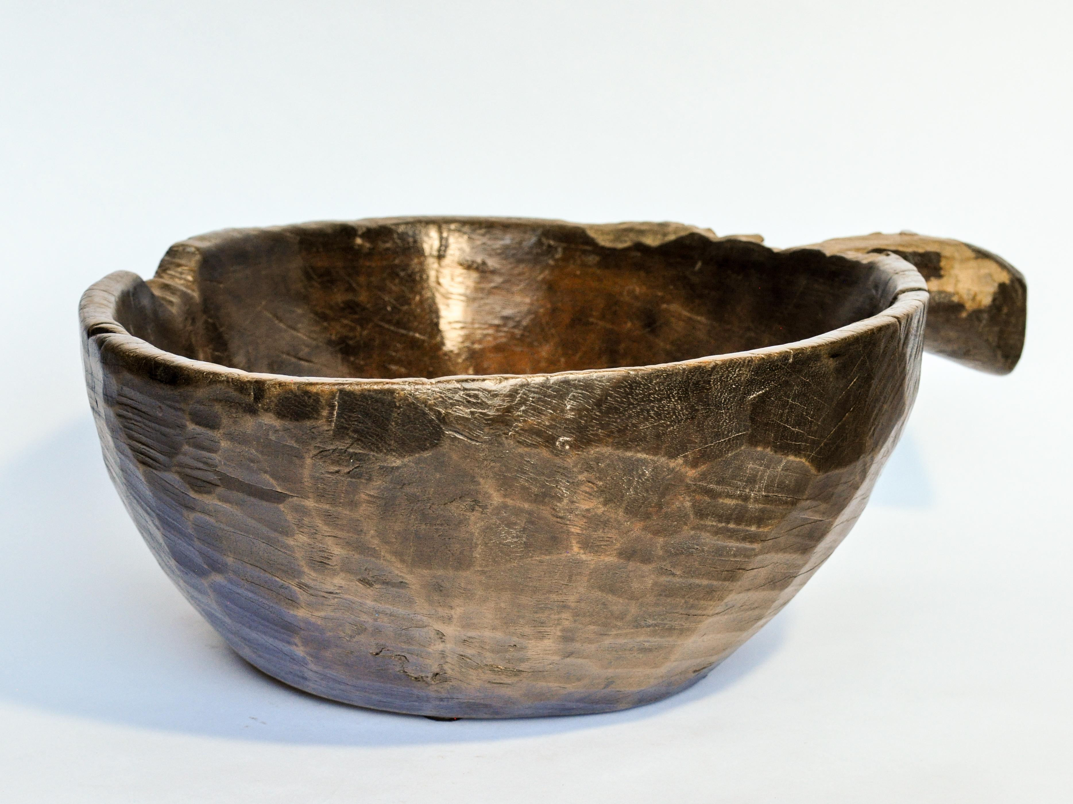Hardwood Old Hand Hewn Wooden Bowl with Handle from Sulawesi, Indonesia, Mid-20th Century