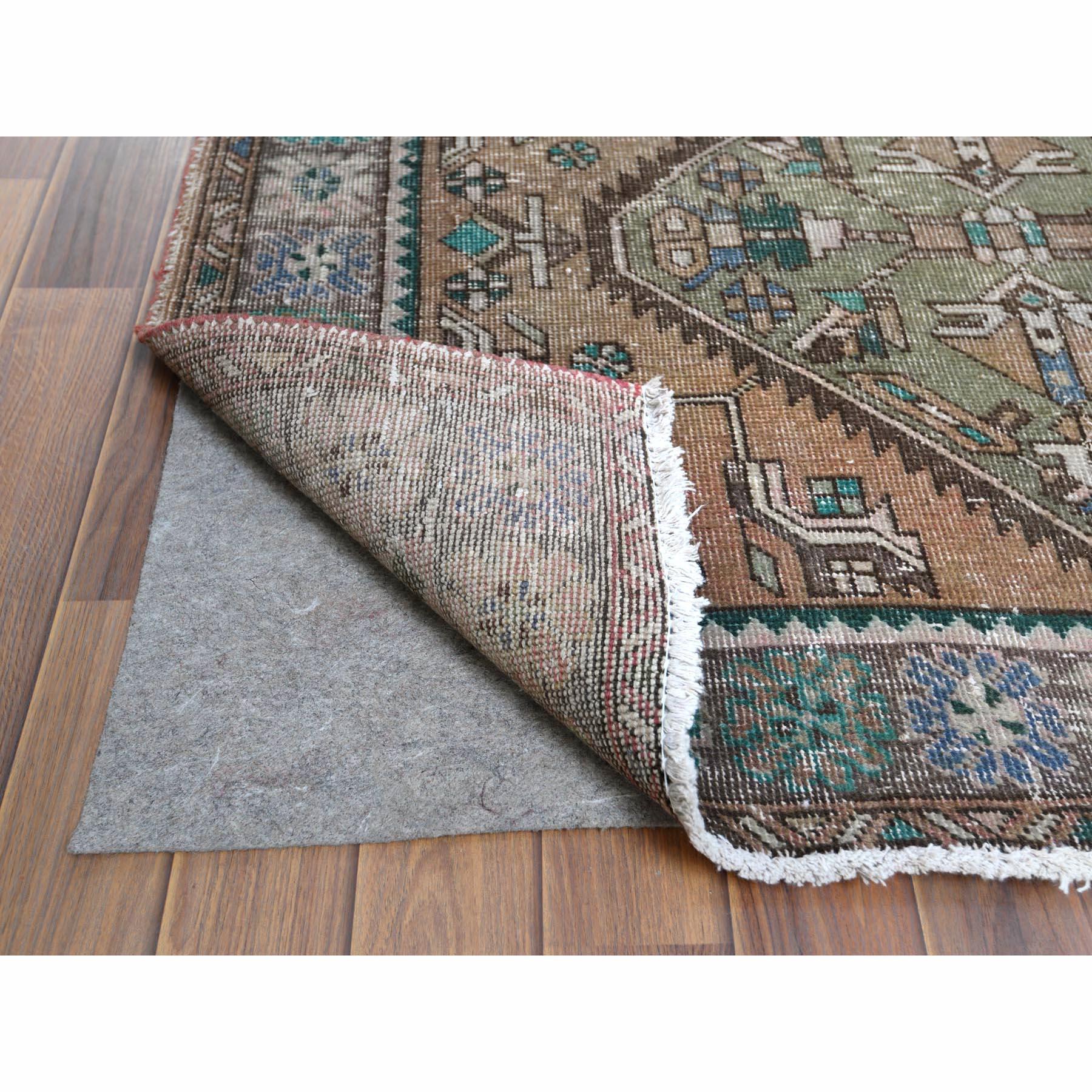 Medieval Old Hand Knotted Tan Color Northwest Persian Serrated Medallion Worn Wool Rug For Sale