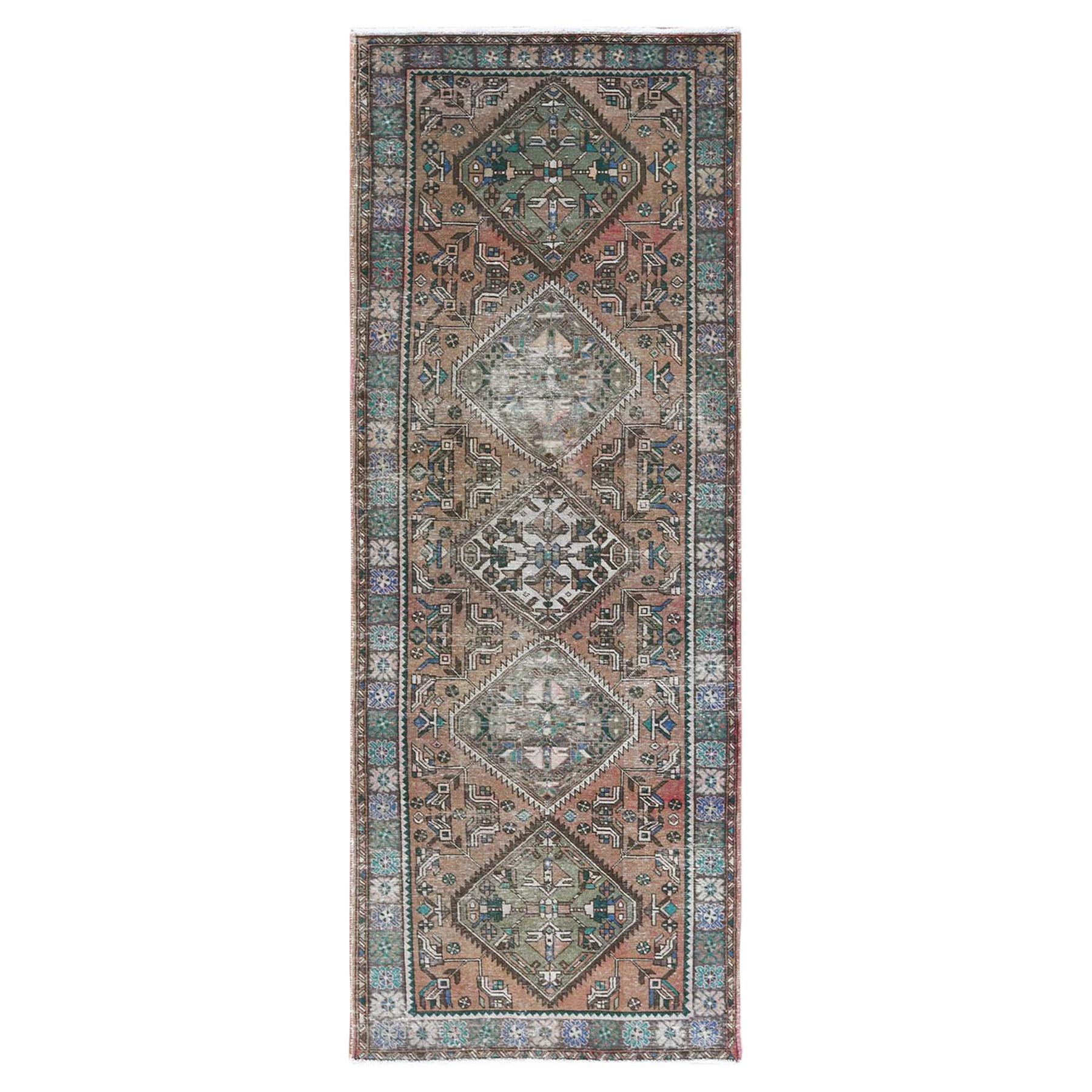 Old Hand Knotted Tan Color Northwest Persian Serrated Medallion Worn Wool Rug For Sale