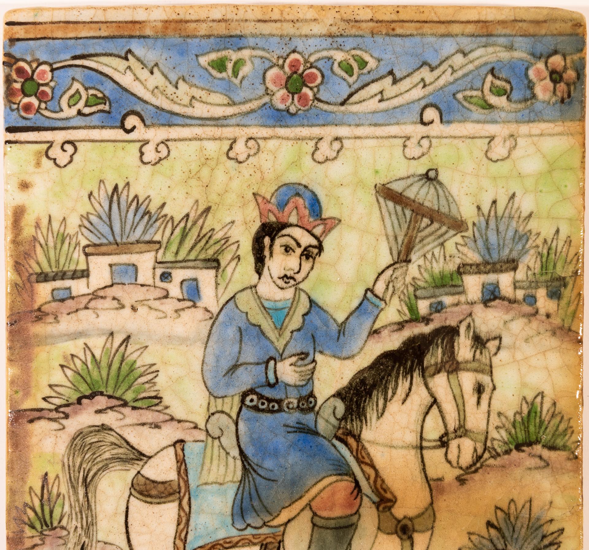 Azulejo antiguo de cerámica pintado a mano con un caballero Centroasiático en venta