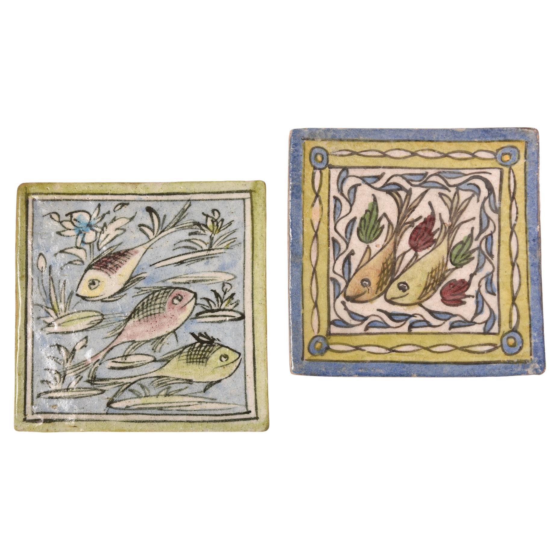 Old Hand Painted "Fish" Tiles  For Sale