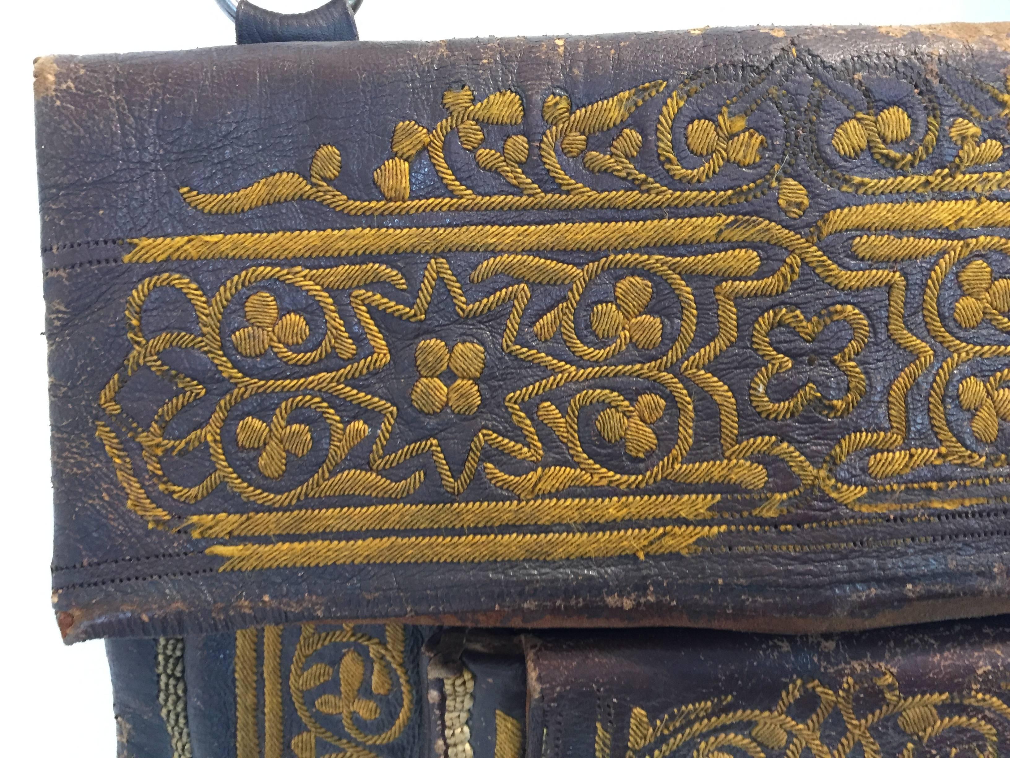 Black Old Hand Tooled Leather Moroccan Satchel Bag For Sale