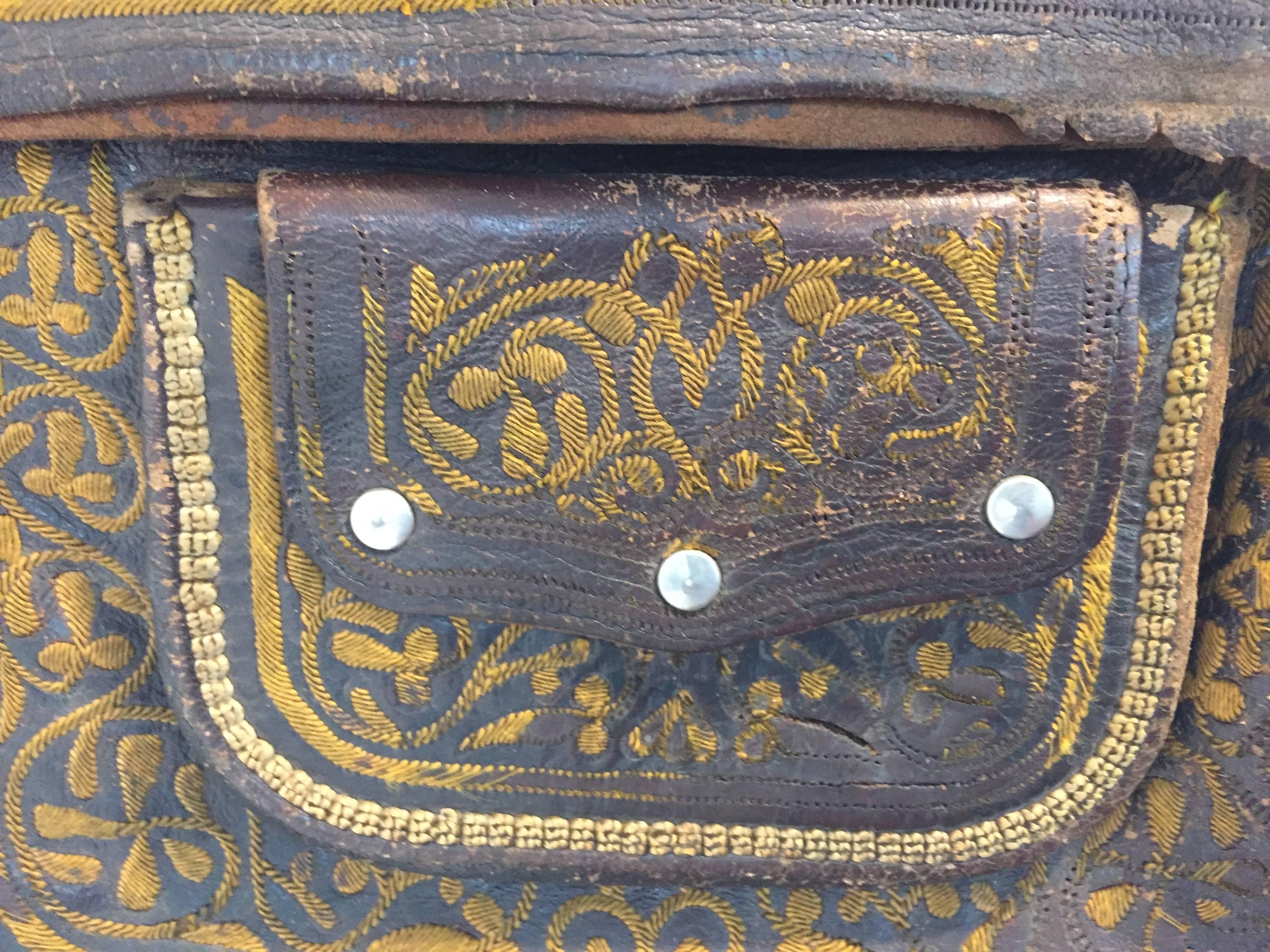 Old Hand Tooled Leather Moroccan Satchel Bag In Good Condition For Sale In North Hollywood, CA