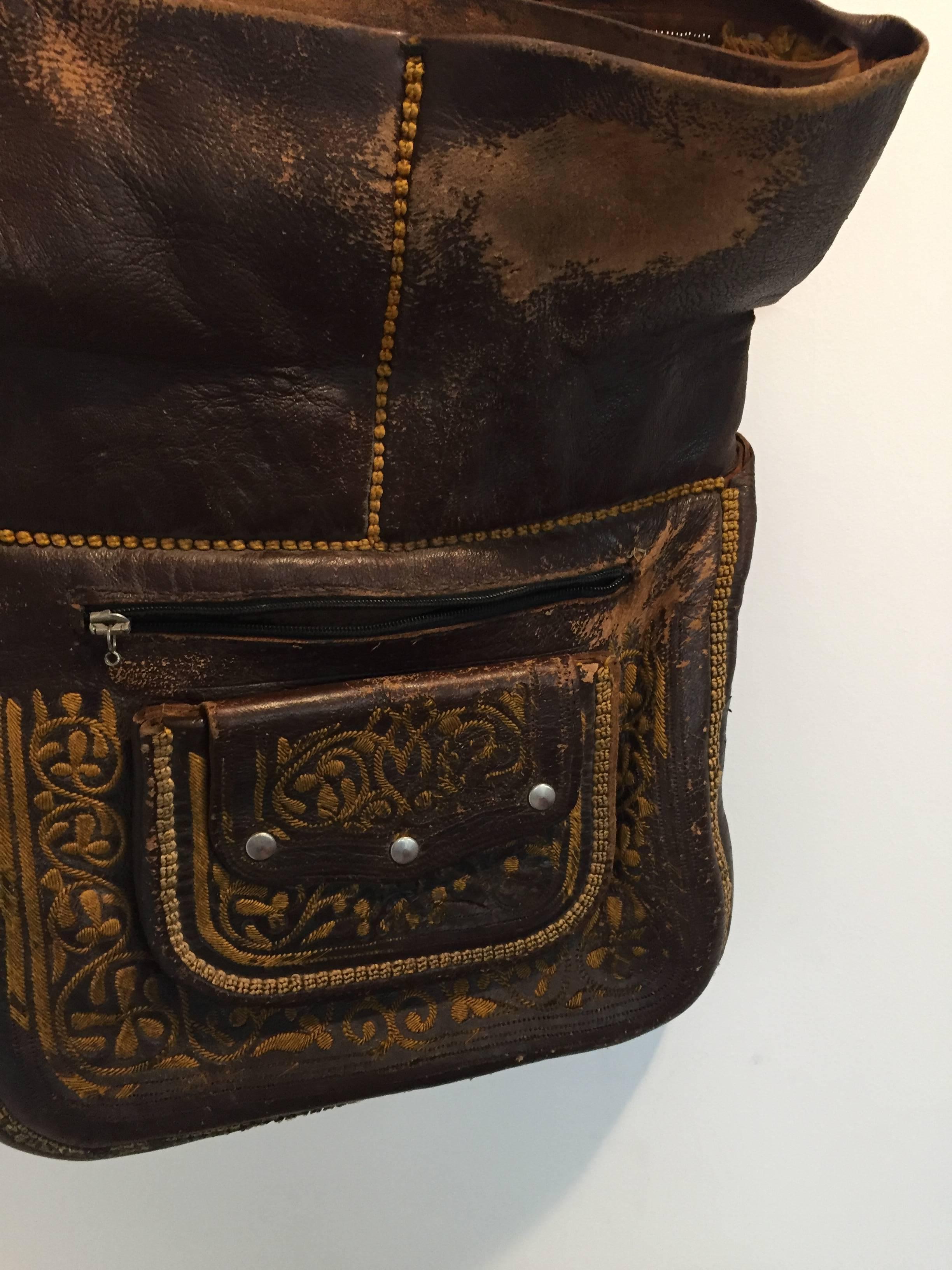 Women's or Men's Old Hand Tooled Leather Moroccan Satchel Bag For Sale