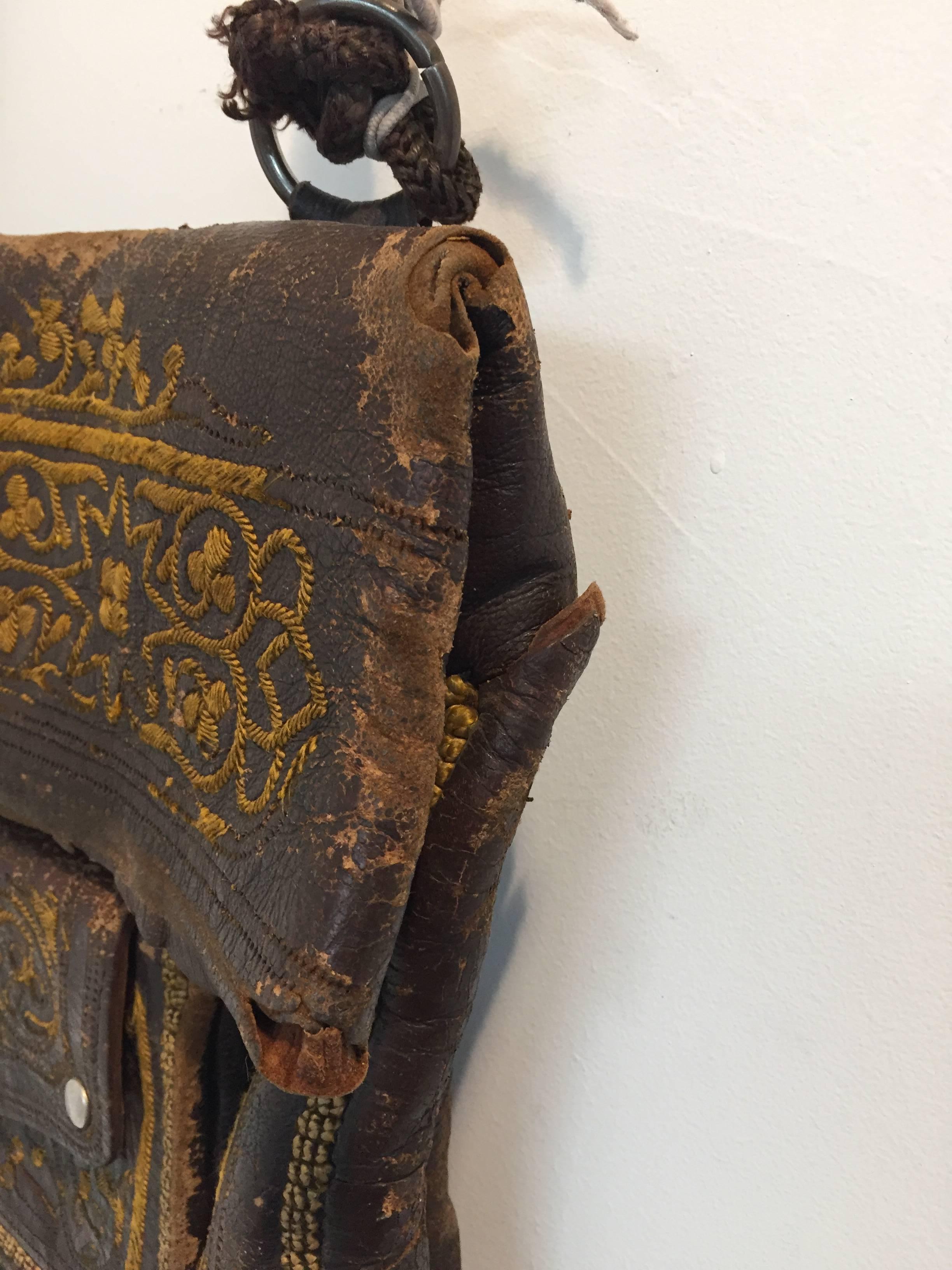 Old Hand Tooled Leather Moroccan Satchel Bag For Sale 1