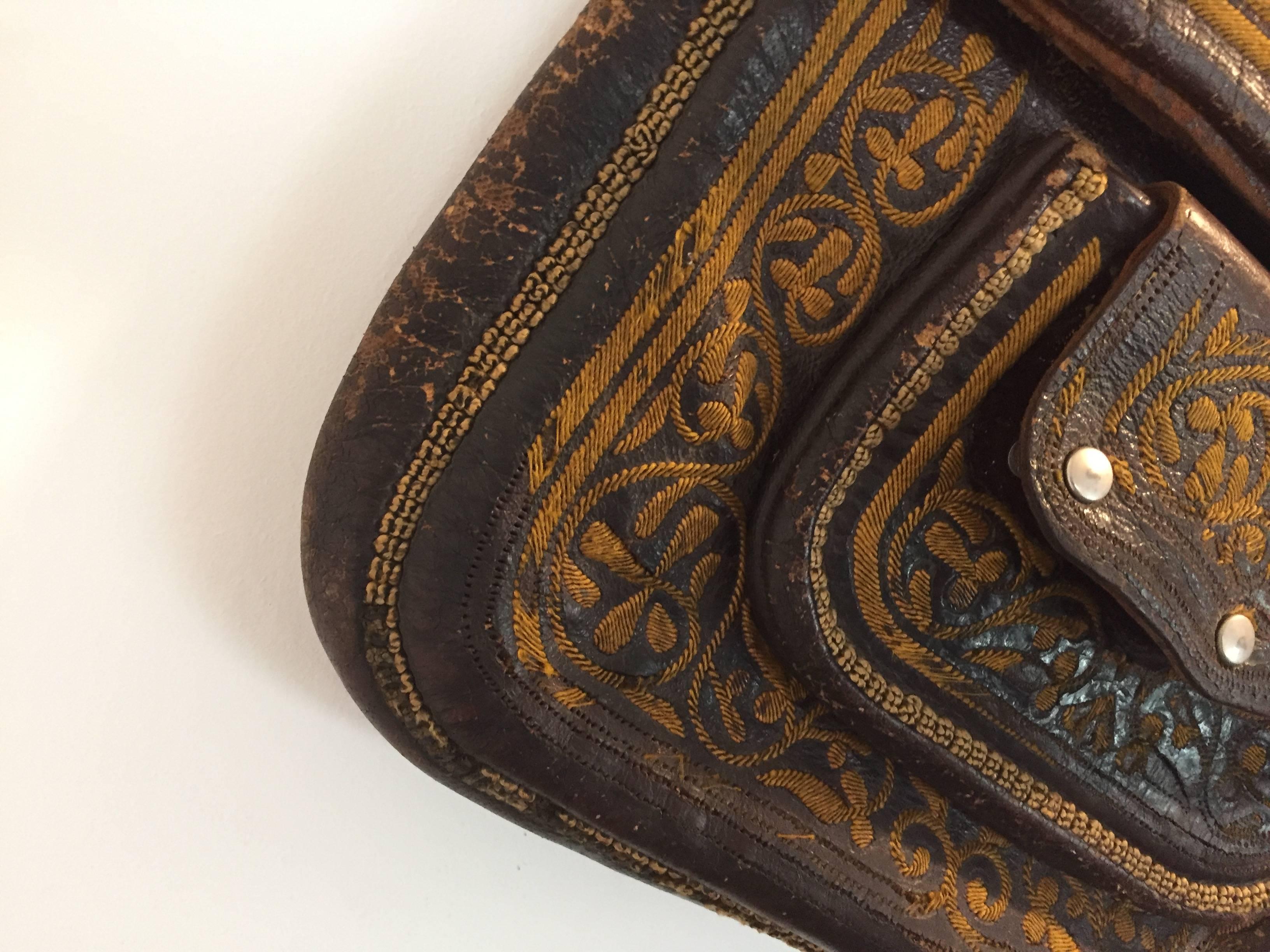 Old Hand Tooled Leather Moroccan Satchel Bag For Sale 4