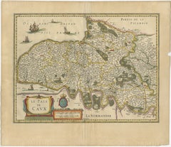 Old Handcolored Antique Map of Pays De Caux in Normandy, France, ca.1640