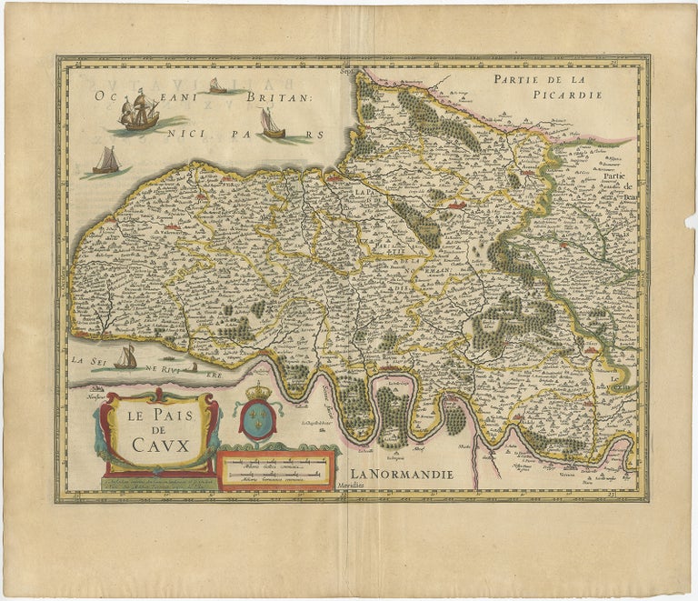 Old Handcolored Antique Map of Pays De Caux in Normandy, France, ca