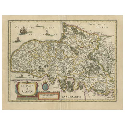 Old Handcolored Antique Map of Pays De Caux in Normandy, France, ca.1640
