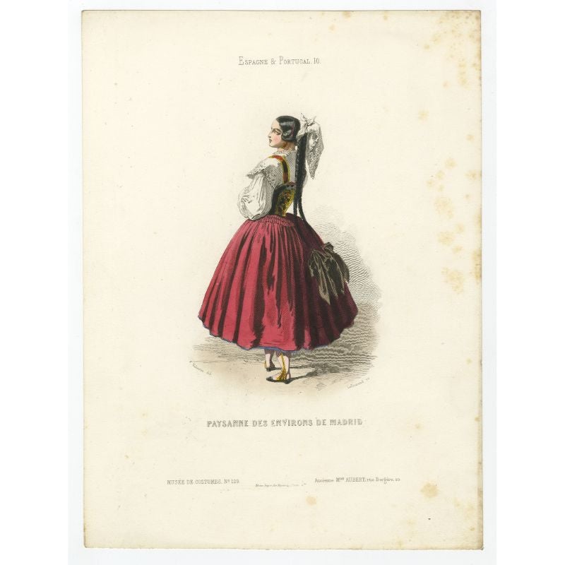 Antique costume print titled 'Paysanne des Environs de Madrid'. Old print depicting a farmer's wife from the region of Madrid, Spain. This print originates from 'Costumes Moderne (Musée de Costumes). 

Artists and Engravers: Published in Paris:
