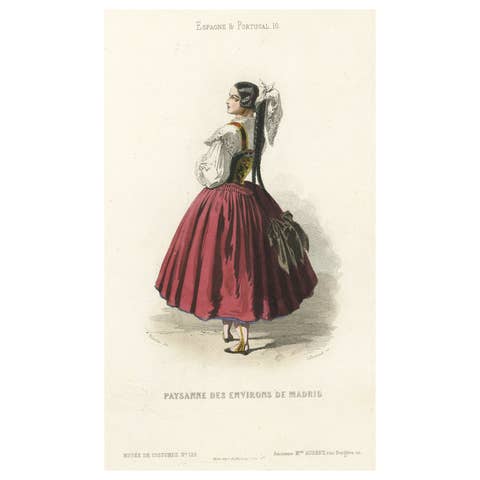 Old Handcolored Print of a Farmer's Wife from the Region of Madrid, Spain, 1850
