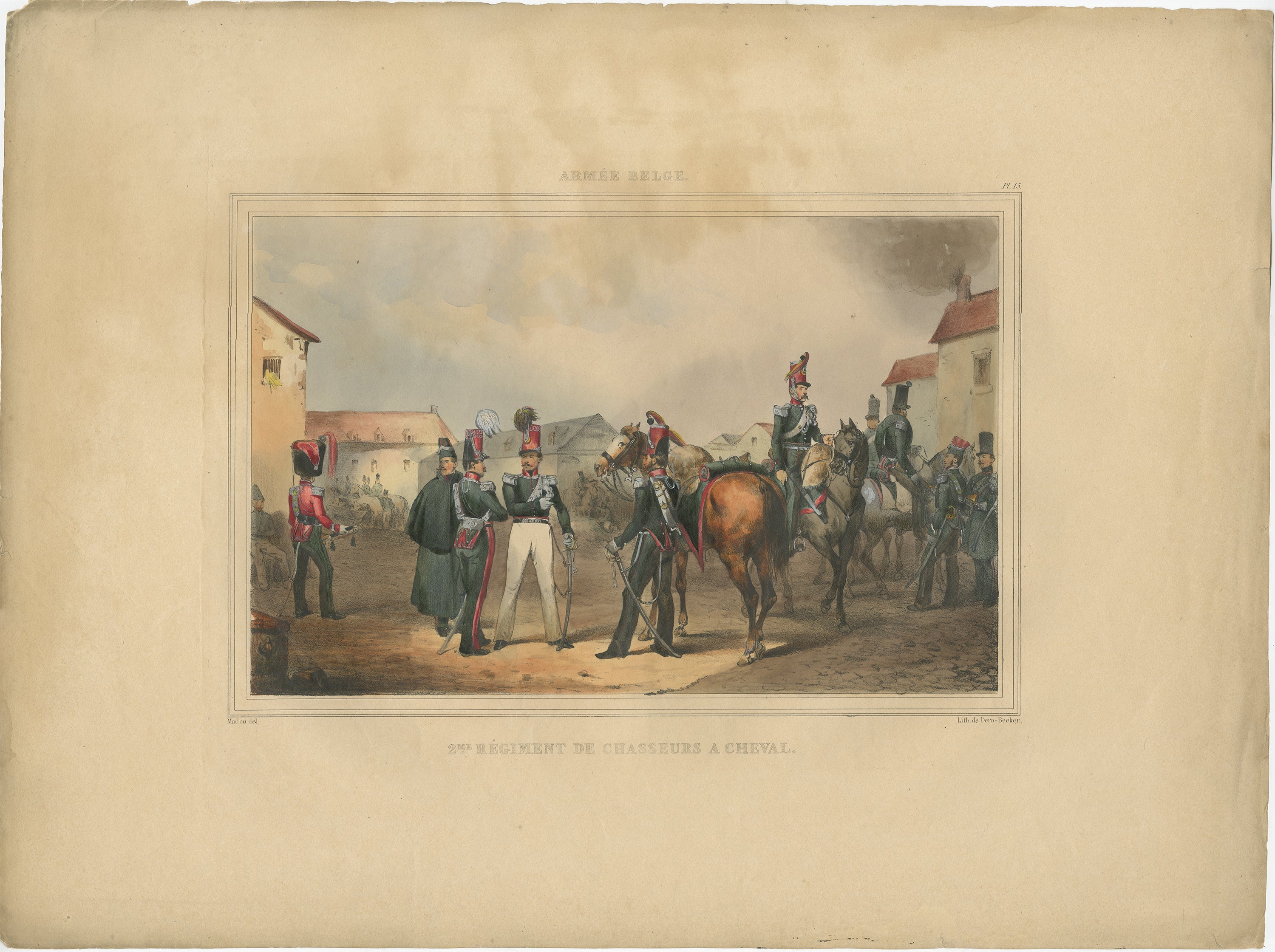 One nicely hand colored print of an original serie of 23 plates, showing soldiers discussing matters in a village. published in 1833. Rare.

From a serie of beautiful lithographed plates with Belgian military costumes after Madou and printed by