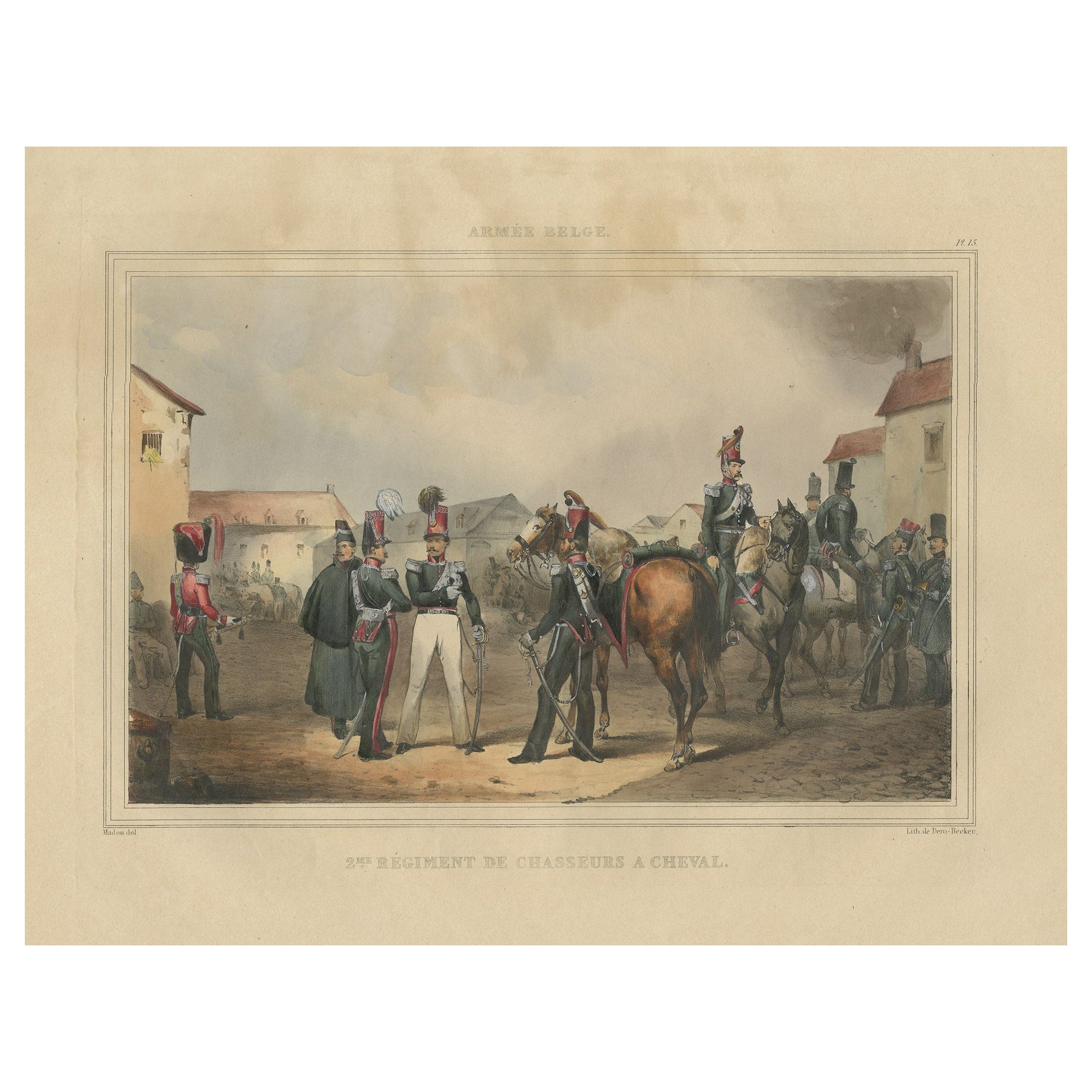 Ancienne estampe colorée à la main d'un régiment de l'armée belge, 1833