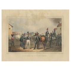 Ancienne estampe colorée à la main d'un régiment de l'armée belge, 1833