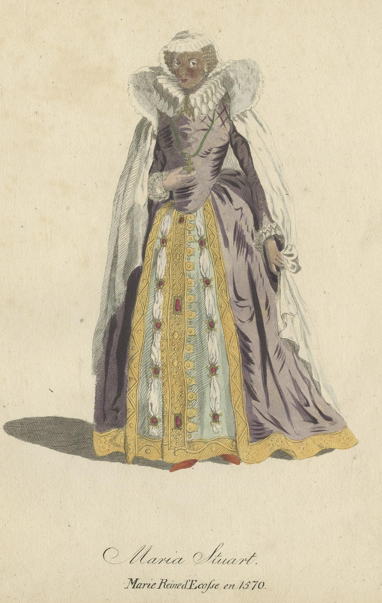 Ancienne estampe colorée à la main de Stuart Mary, reine des Écosses, 1805 Bon état - En vente à Langweer, NL