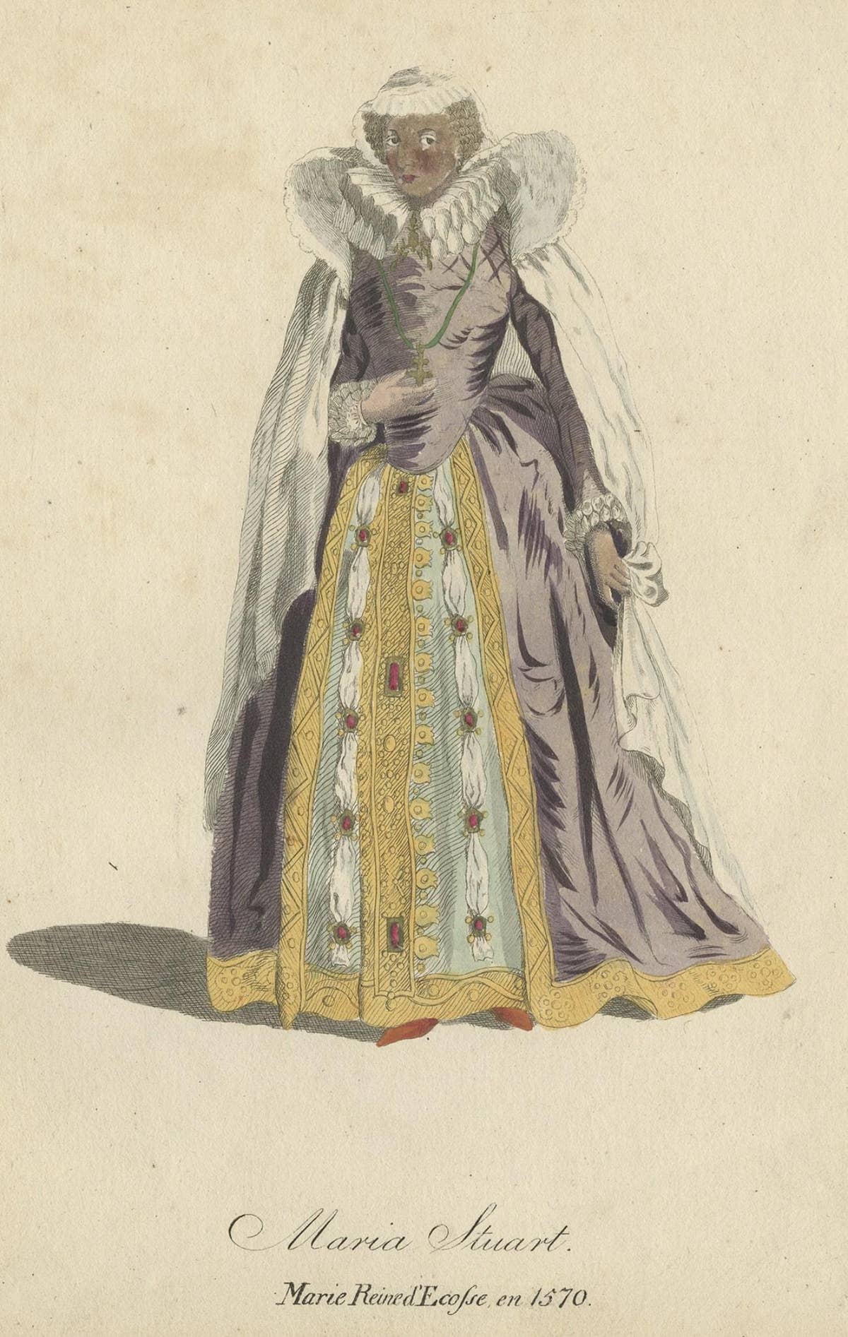 Old Handcolored Print of Stuart Mary, Queen of Scots, 1805