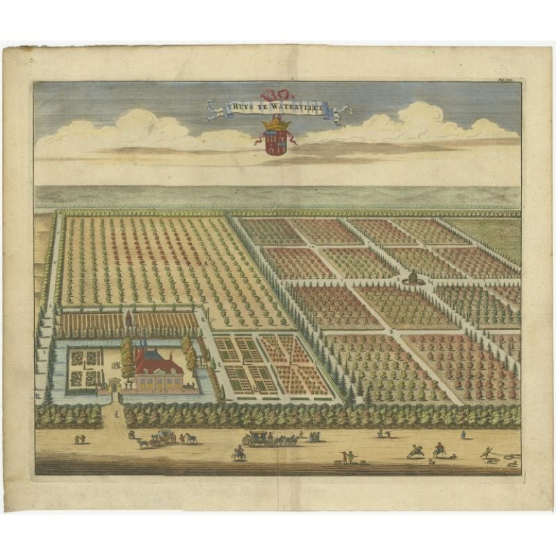 Antique print titled 'Huys te Watervliet'. Copper engraving of the estate of Watervliet. This print originates from 'Nieuwe Cronyk van Zeeland' by Mattheus Smallegange. 

Artists and Engravers: Published by J. Meertens and A. van Someren.