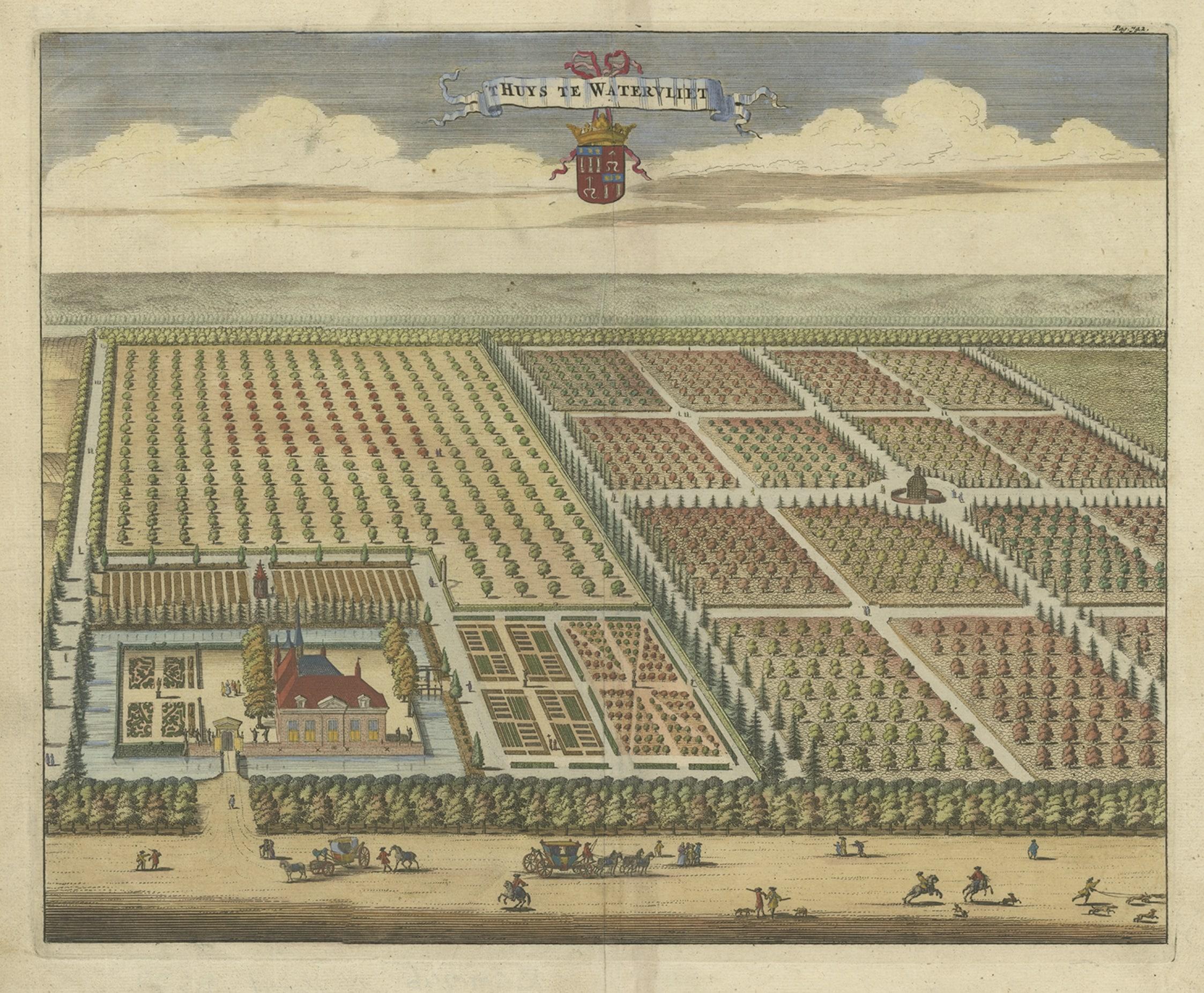 18th Century and Earlier Old Handcolored Print of the Watervliet Estate in East Flanders, Belgium, 1696 For Sale