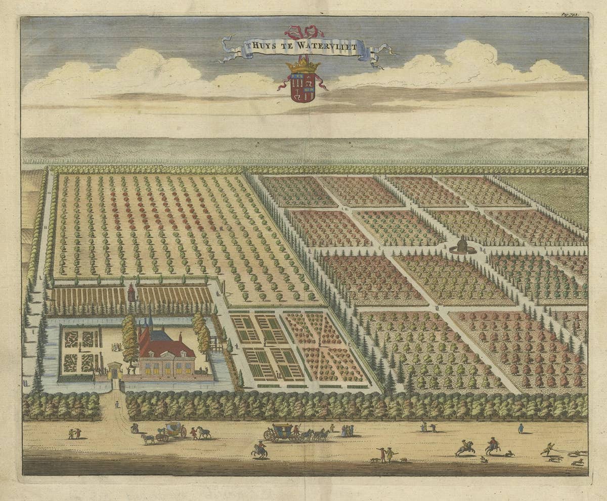 Old Handcolored Print of the Watervliet Estate in East Flanders, Belgium, 1696
