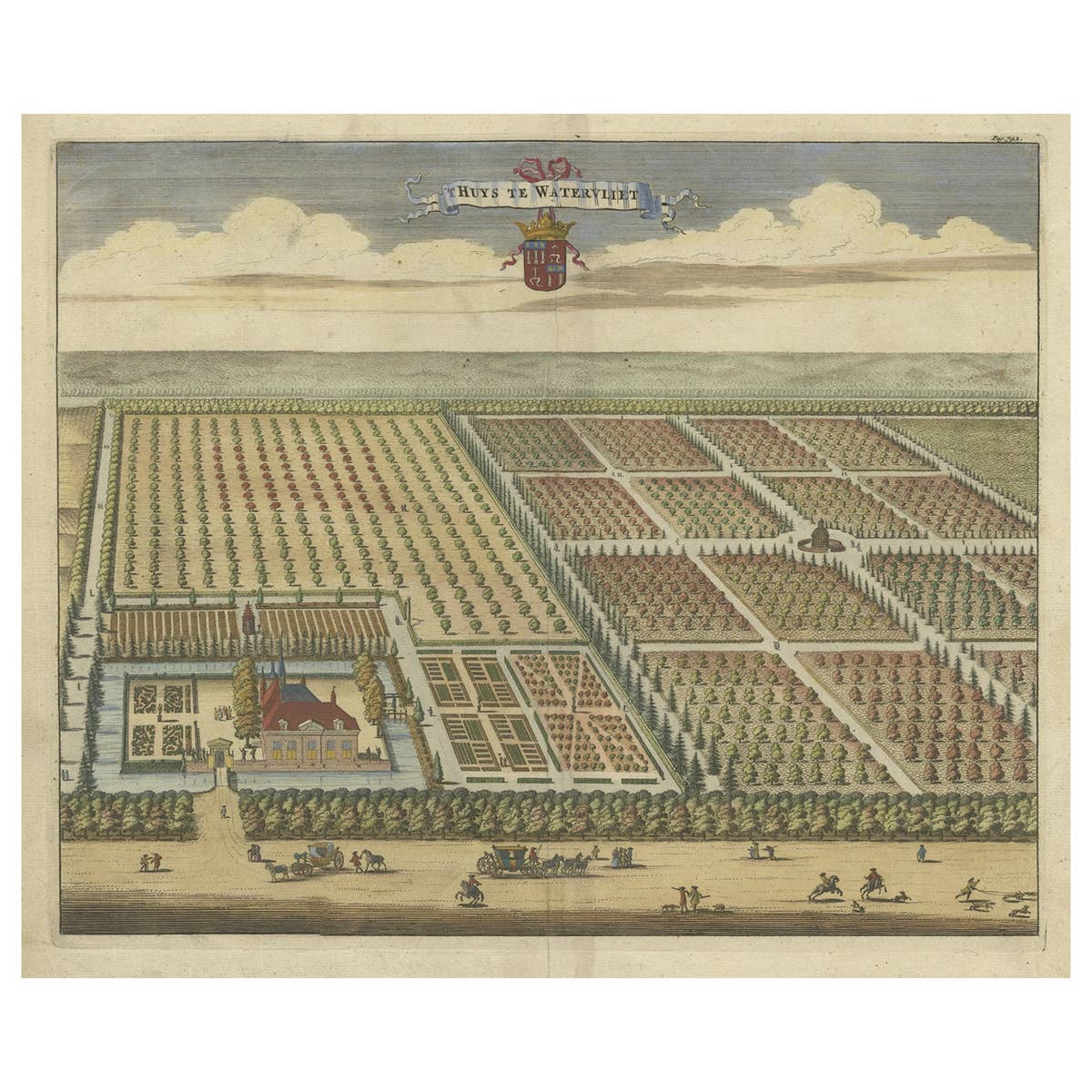 Old Handcolored Print of the Watervliet Estate in East Flanders, Belgium, 1696