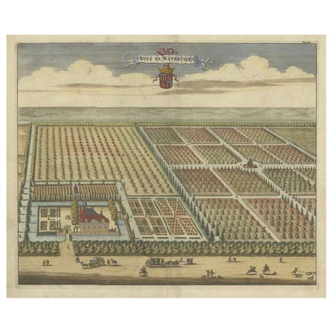 Old Handcolored Print of the Watervliet Estate in East Flanders, Belgium, 1696
